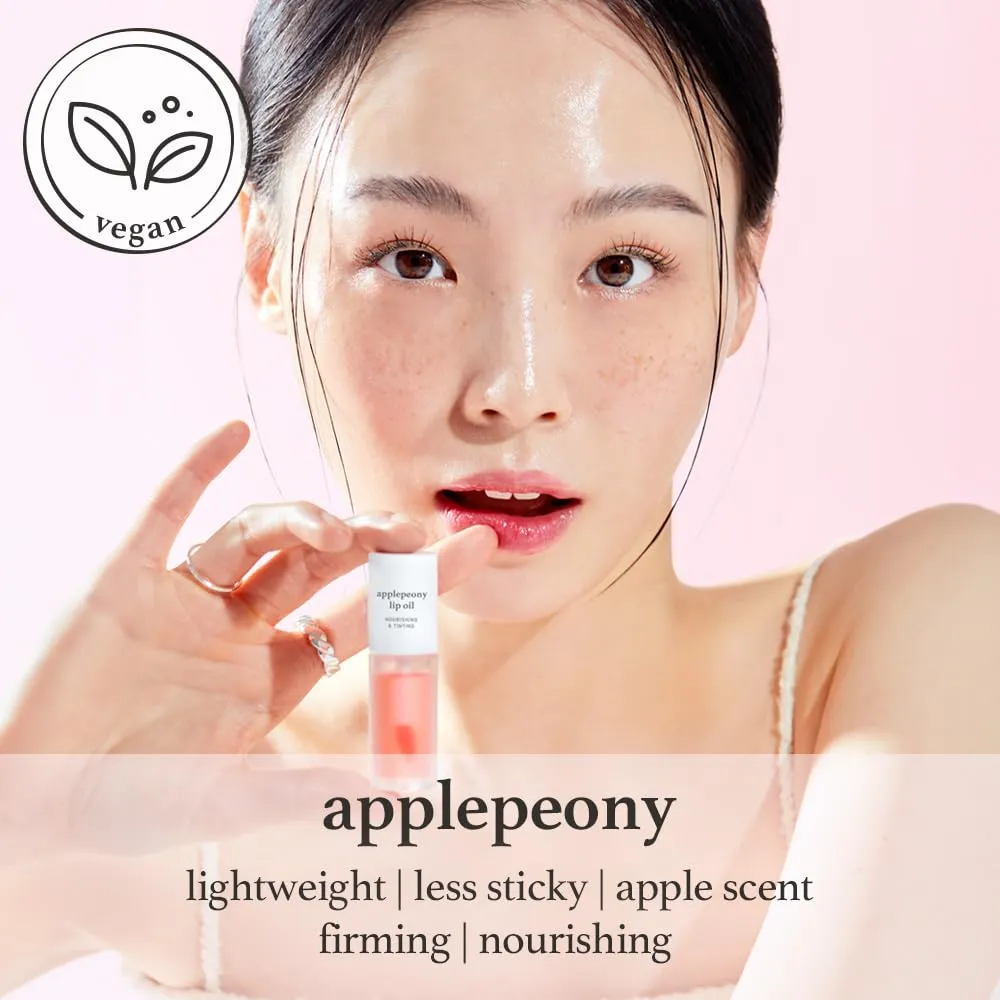 NOONI Korean Vegan Appleseed Lip Oil - Applepeony | Long-Lasting, Moisturizing, Plumping, Revitalizing for Dry Lips, Waterproof, No Peel Off, Hydrating, Nourishing Crystal Clear, 0.12 FL Oz