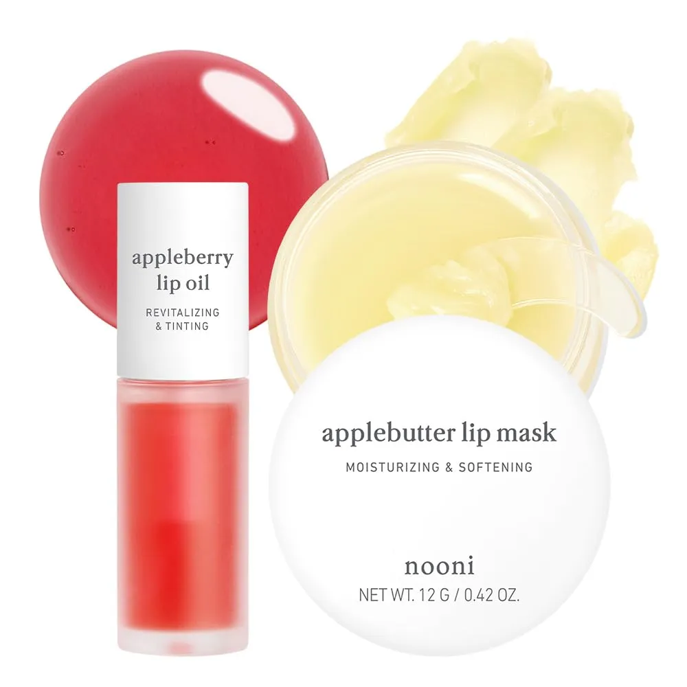 NOONI Korean Vegan Best Lip Duo | Applebutter Lip Mask and Appleberry Lip Oil Value Set | with Shea Butter, Apple Seed Oil and Vitamins, Overnight Lip Mask, Hydrating Lip Balm, Moisturizing