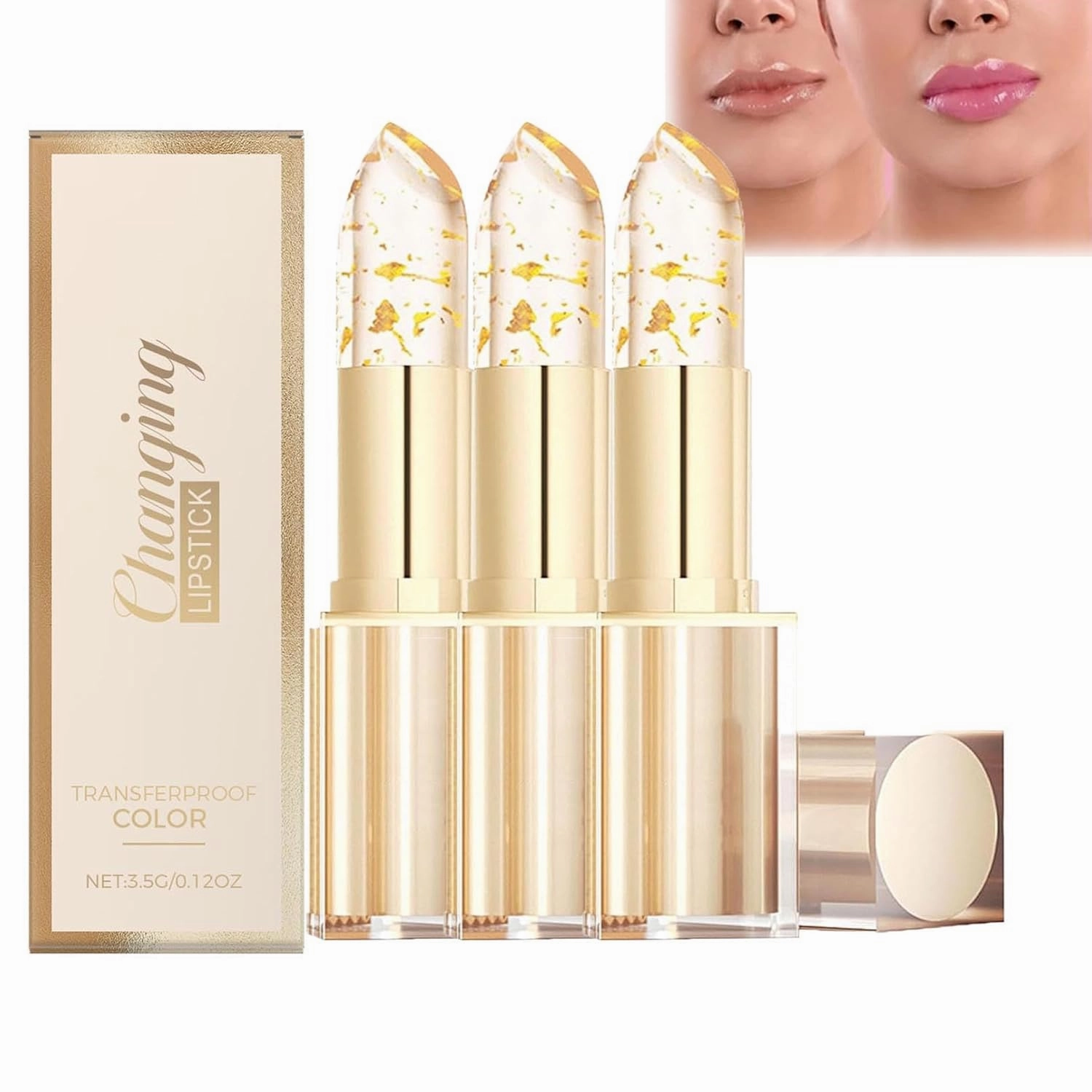Novealcrbe Mood Lipstick, Novealcrbe Gold Crystal Color Changing Lipstick, Mood Lip Stick Color Changing Long Lasting 24 Hours Moisturizing Glossy Shine Lip Gloss for Women (Gold, 3Pcs)