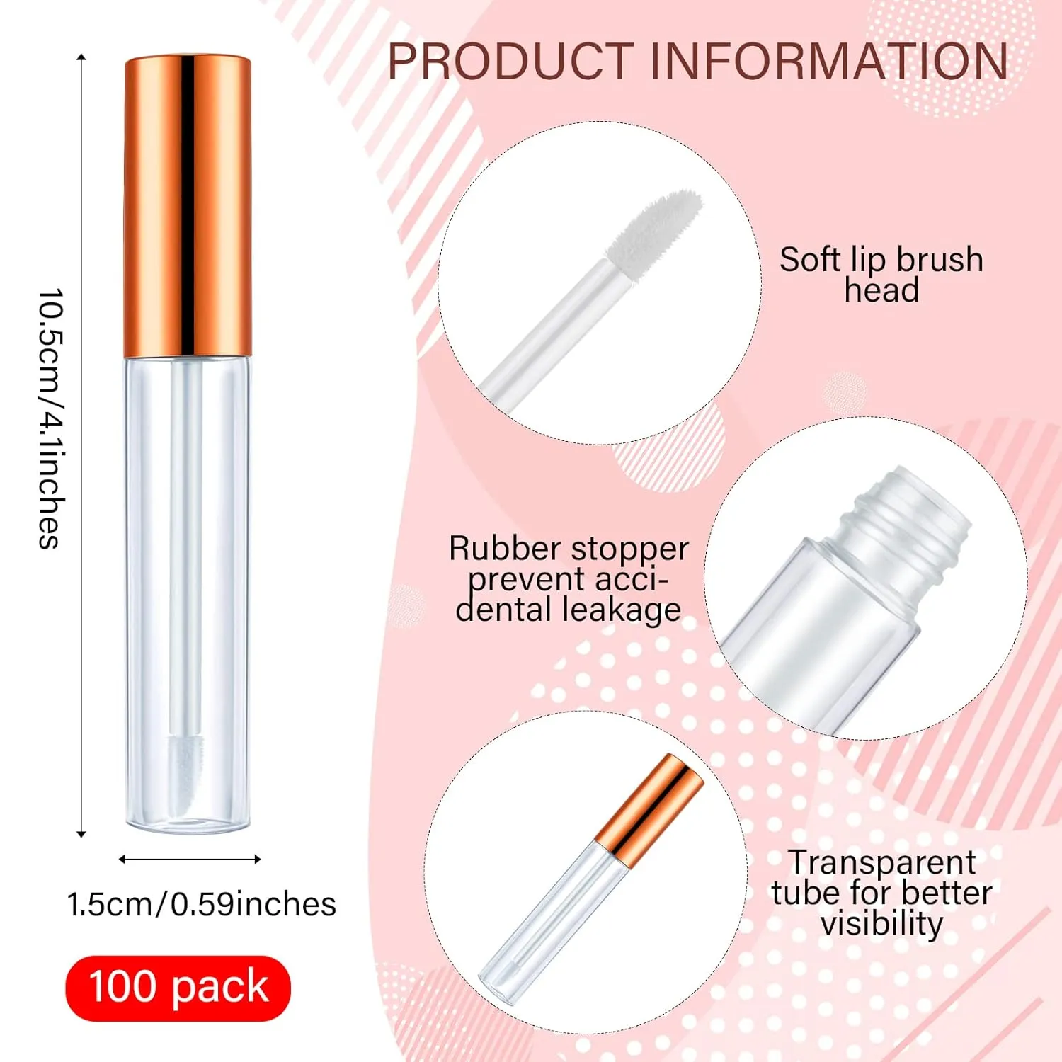 Nuanchu 100 Pcs 10 ml Empty Lip Gloss Tubes Clear Mini Refillable Balm Containers Bottles Plastic Lip Gloss Containers with Wand and Rubber Inserts DIY Makeup(Rose Gold)