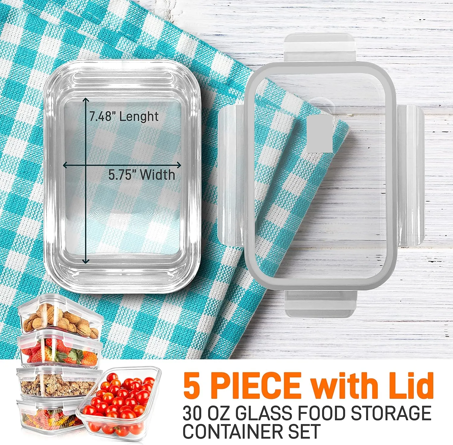 NutriChef 10-Piece Superior Glass Food Storage Containers Set (5 Containers   5 Locking Lids),Stackable Meal-prep Design, BPA-free Airtight Clear Locking lids with Vent Lids & Air Hole, Gray