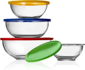 NutriChef 4-Pack Glass Mixing Bowls with BPA-Free Lids, Stackable Nesting Salad Bowls (1QT, 1.6QT, 2.5QT, & 3.7QT), Prepping and Baking Food Storage Set, Dishwasher, Freezer, & Microwave Safe