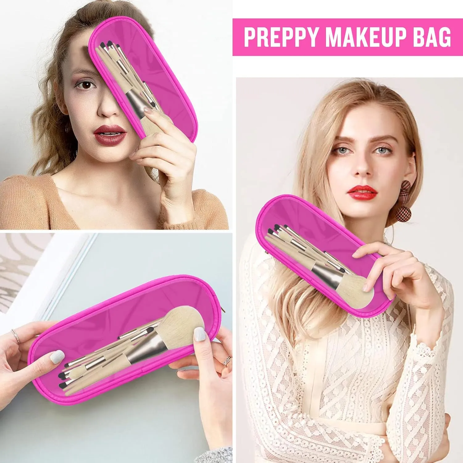 Nylon Slim Makeup Bag, Cute Makeup Brush Case, Preppy Cosmetic Zipper Pouch for Purse, Travel PVC Toiletry Bag Clutch Coin Pouch Makeup Organizer for Women Girls (Hot Pink)