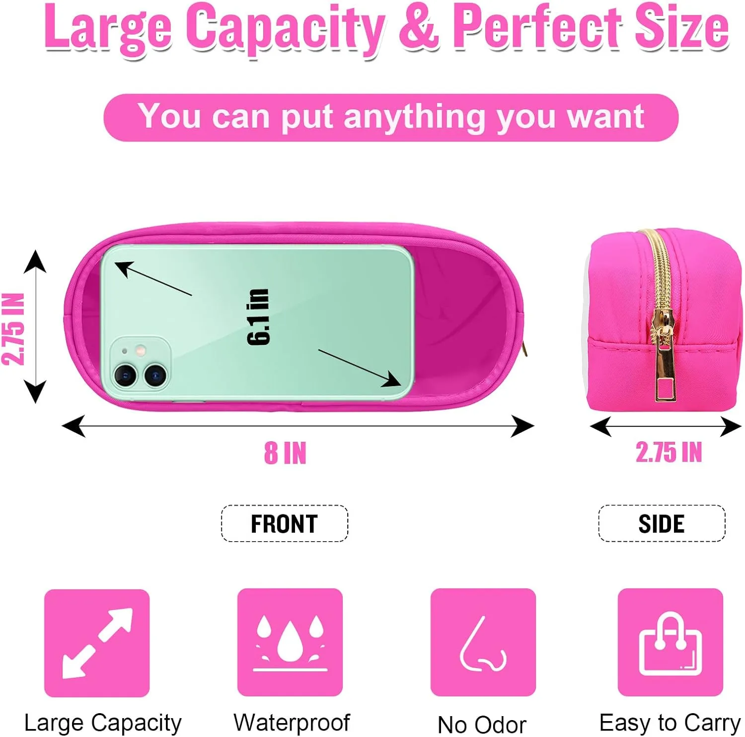 Nylon Slim Makeup Bag, Cute Makeup Brush Case, Preppy Cosmetic Zipper Pouch for Purse, Travel PVC Toiletry Bag Clutch Coin Pouch Makeup Organizer for Women Girls (Hot Pink)