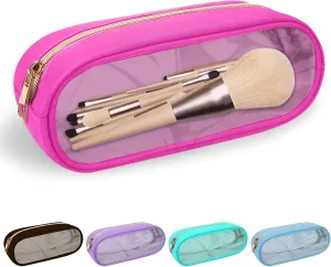 Nylon Slim Makeup Bag, Cute Makeup Brush Case, Preppy Cosmetic Zipper Pouch for Purse, Travel PVC Toiletry Bag Clutch Coin Pouch Makeup Organizer for Women Girls (Hot Pink)