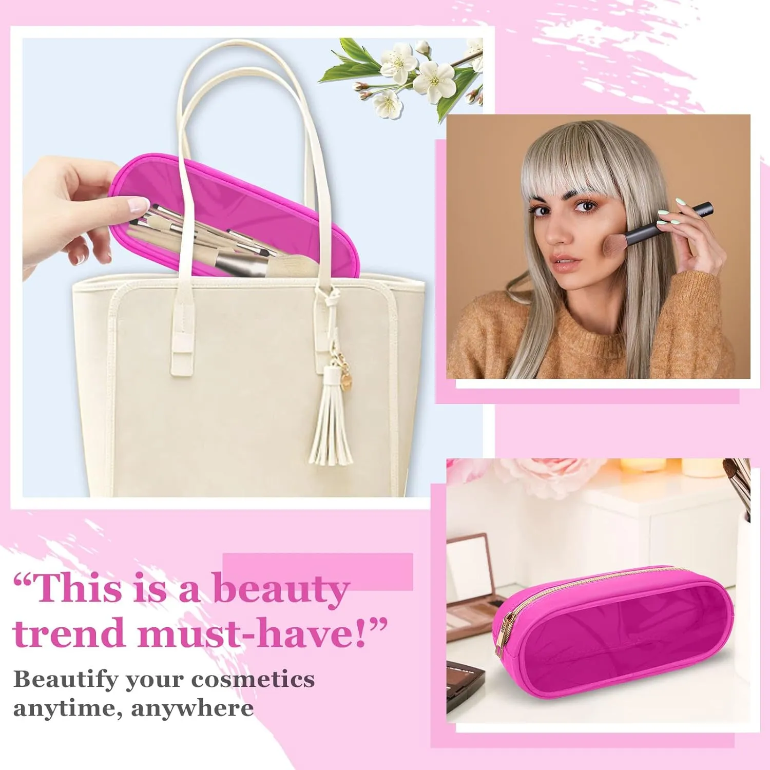 Nylon Slim Makeup Bag, Cute Makeup Brush Case, Preppy Cosmetic Zipper Pouch for Purse, Travel PVC Toiletry Bag Clutch Coin Pouch Makeup Organizer for Women Girls (Hot Pink)