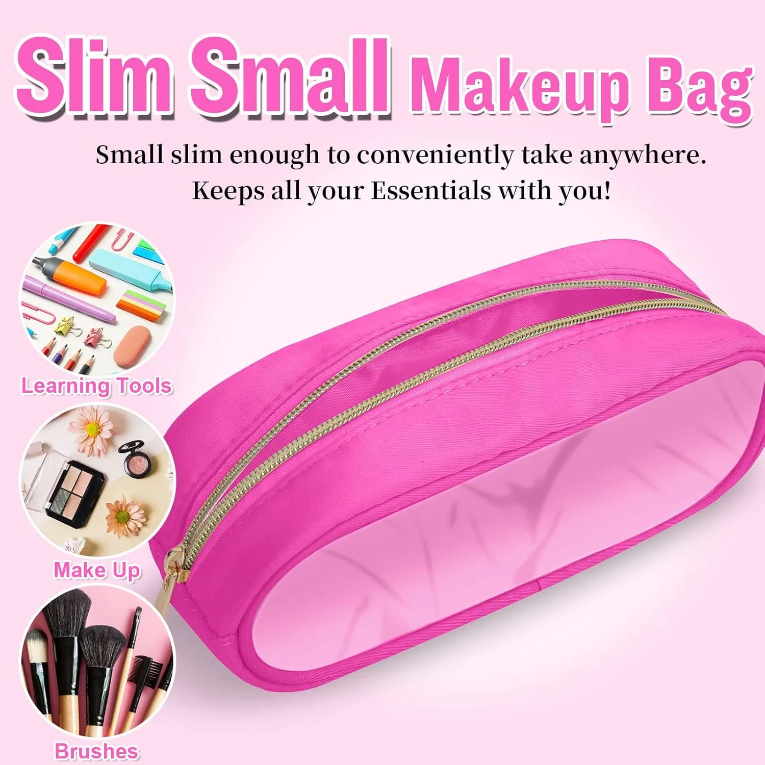 Nylon Slim Makeup Bag, Cute Makeup Brush Case, Preppy Cosmetic Zipper Pouch for Purse, Travel PVC Toiletry Bag Clutch Coin Pouch Makeup Organizer for Women Girls (Hot Pink)