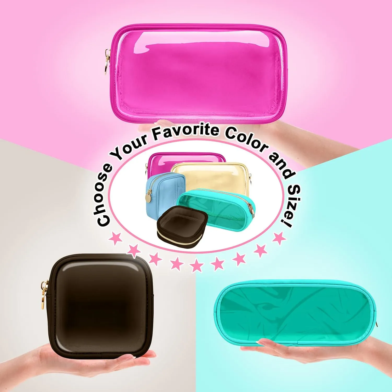 Nylon Slim Makeup Bag, Cute Makeup Brush Case, Preppy Cosmetic Zipper Pouch for Purse, Travel PVC Toiletry Bag Clutch Coin Pouch Makeup Organizer for Women Girls (Hot Pink)