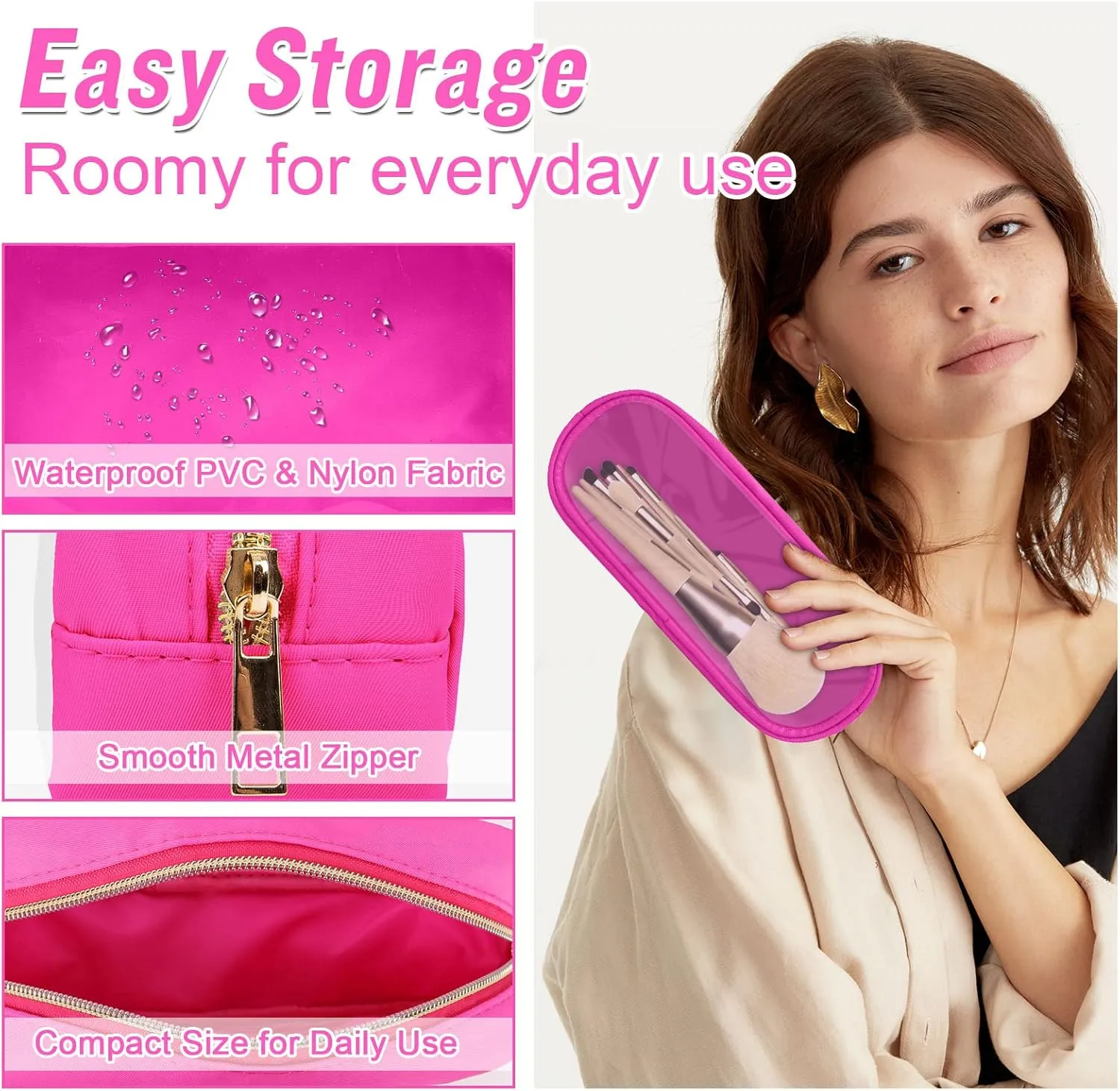 Nylon Slim Makeup Bag, Cute Makeup Brush Case, Preppy Cosmetic Zipper Pouch for Purse, Travel PVC Toiletry Bag Clutch Coin Pouch Makeup Organizer for Women Girls (Hot Pink)