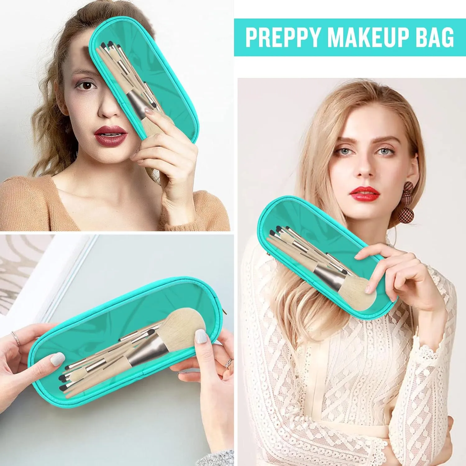 Nylon Small Clear Makeup Bag Slim Pouch, Cute Preppy Cosmetic Zipper Case for Purse, Travel PVC Toiletry Clutch Coin Bag for Women Girl (Mint)