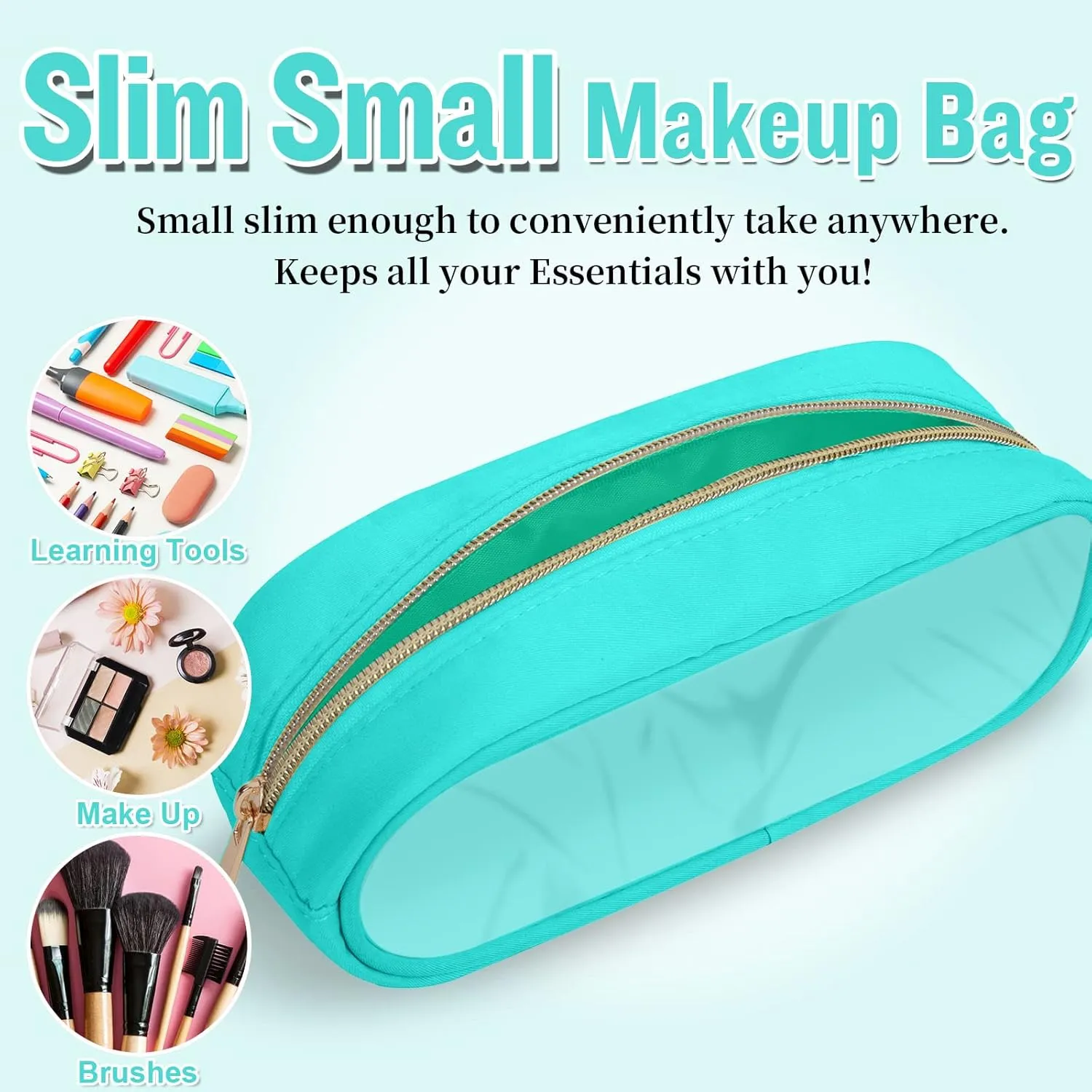 Nylon Small Clear Makeup Bag Slim Pouch, Cute Preppy Cosmetic Zipper Case for Purse, Travel PVC Toiletry Clutch Coin Bag for Women Girl (Mint)