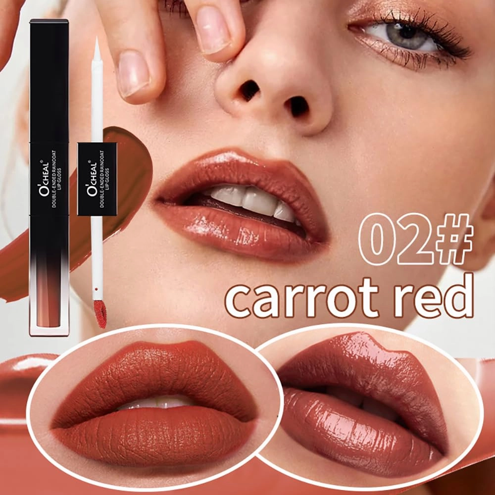 O'CHEAL Double-Ended Lip Gloss, Soft Mist   Water Light Charm - Moisturizing Without Non-Sticky - Bright Lip Color, Cruelty-Free & Vegan (Carrot Red, 0.155OZ)