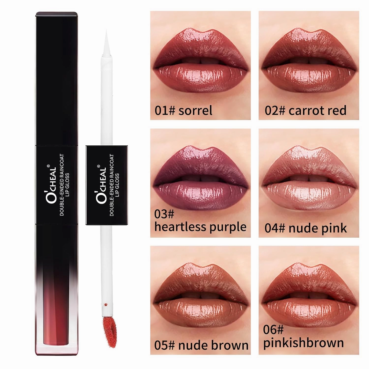 O'CHEAL Double-Ended Lip Gloss, Soft Mist   Water Light Charm - Moisturizing Without Non-Sticky - Bright Lip Color, Cruelty-Free & Vegan (Carrot Red, 0.155OZ)