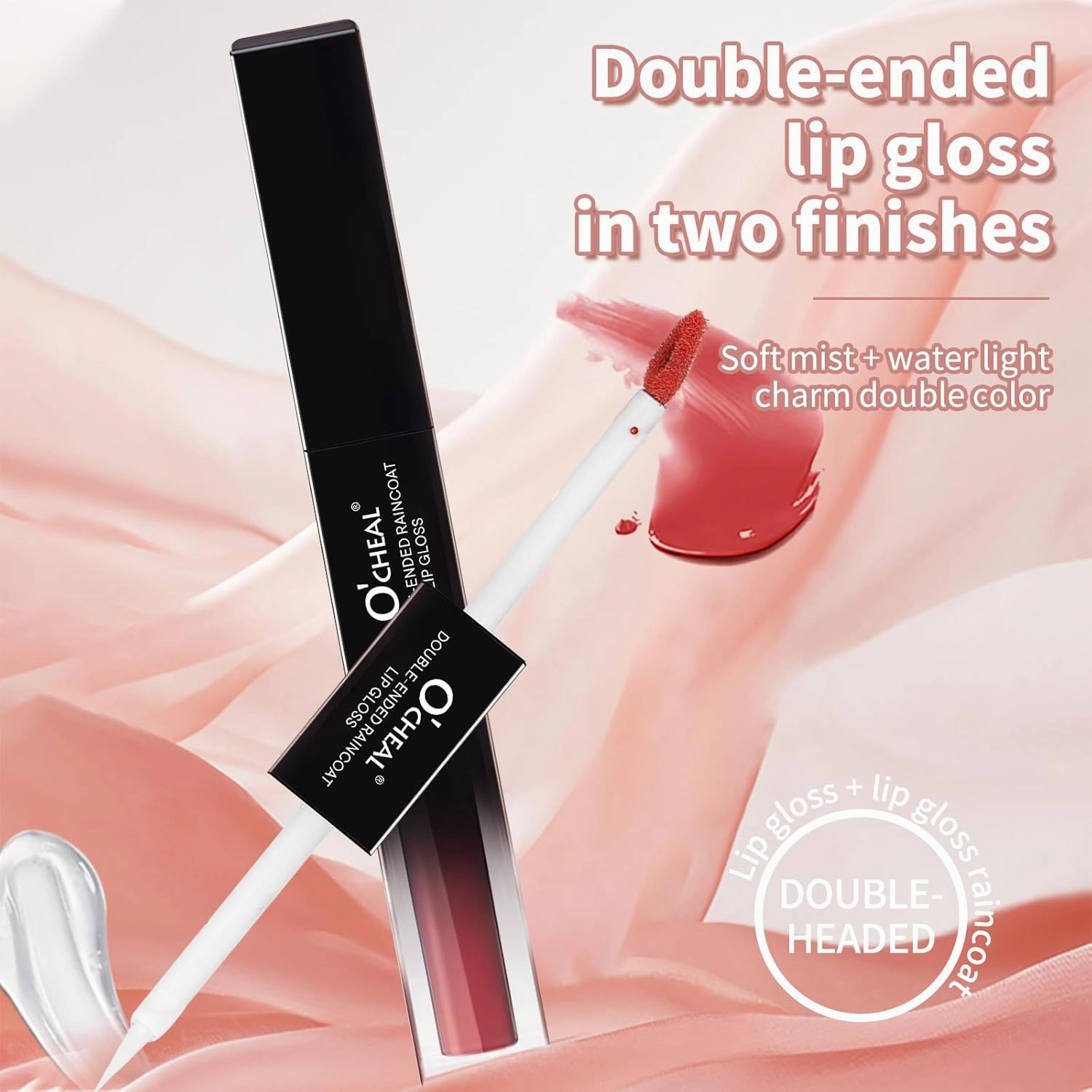 O'CHEAL Double-Ended Lip Gloss, Soft Mist   Water Light Charm - Moisturizing Without Non-Sticky - Bright Lip Color, Cruelty-Free & Vegan (Carrot Red, 0.155OZ)