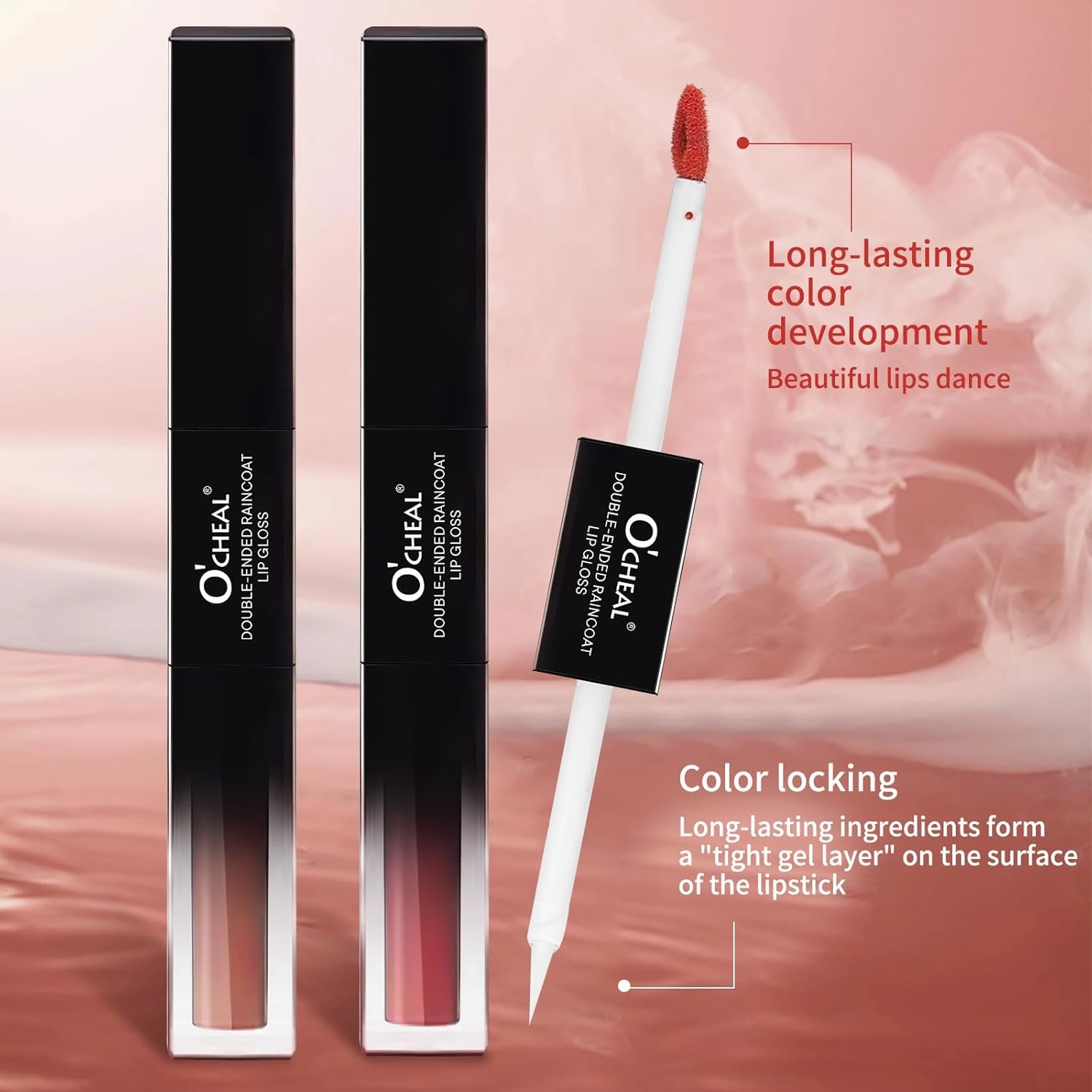 O'CHEAL Double-Ended Lip Gloss, Soft Mist   Water Light Charm - Moisturizing Without Non-Sticky - Bright Lip Color, Cruelty-Free & Vegan (Carrot Red, 0.155OZ)