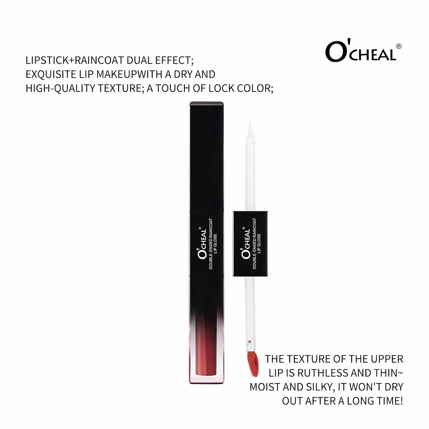 O'CHEAL Double-Ended Lip Gloss, Soft Mist   Water Light Charm - Moisturizing Without Non-Sticky - Bright Lip Color, Cruelty-Free & Vegan (Carrot Red, 0.155OZ)