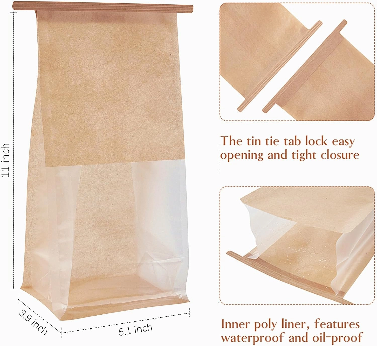 Ocmoiy 50Pcs Bakery Bags with Window, Resealable Tin Tie Tab Lock Bread Bag, Clear Front Snack Bags for Packaging Cookies, Loaf, Popcorn, Paper Treat Bags