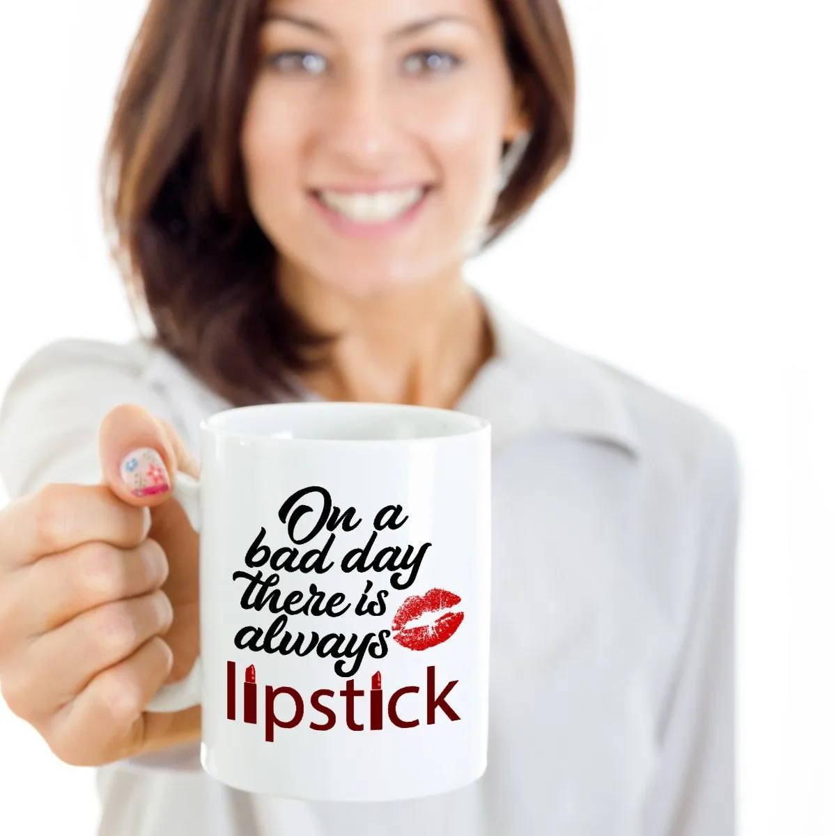 On A Bad Day There Is Always Lipstick Kiss Mark Coffee & Tea Mug for Cosmetologist and Womens Who Love Liquid, Matte, Red & Pink Lipsticks (15oz)