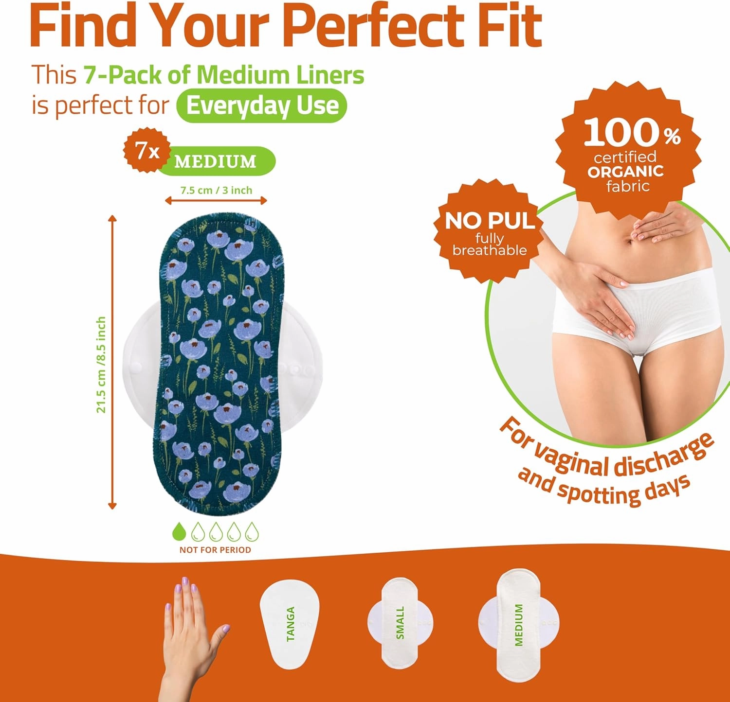 Organic Cotton EcoComfort Reusable Panty Liners for Women & Teens (Medium, 7-Pack); High-Temp Washable Cloth Liners; Stay Fresh & Dry, for Daily Vaginal Discharge Only; 100% Breathable (no PUL/TPU)