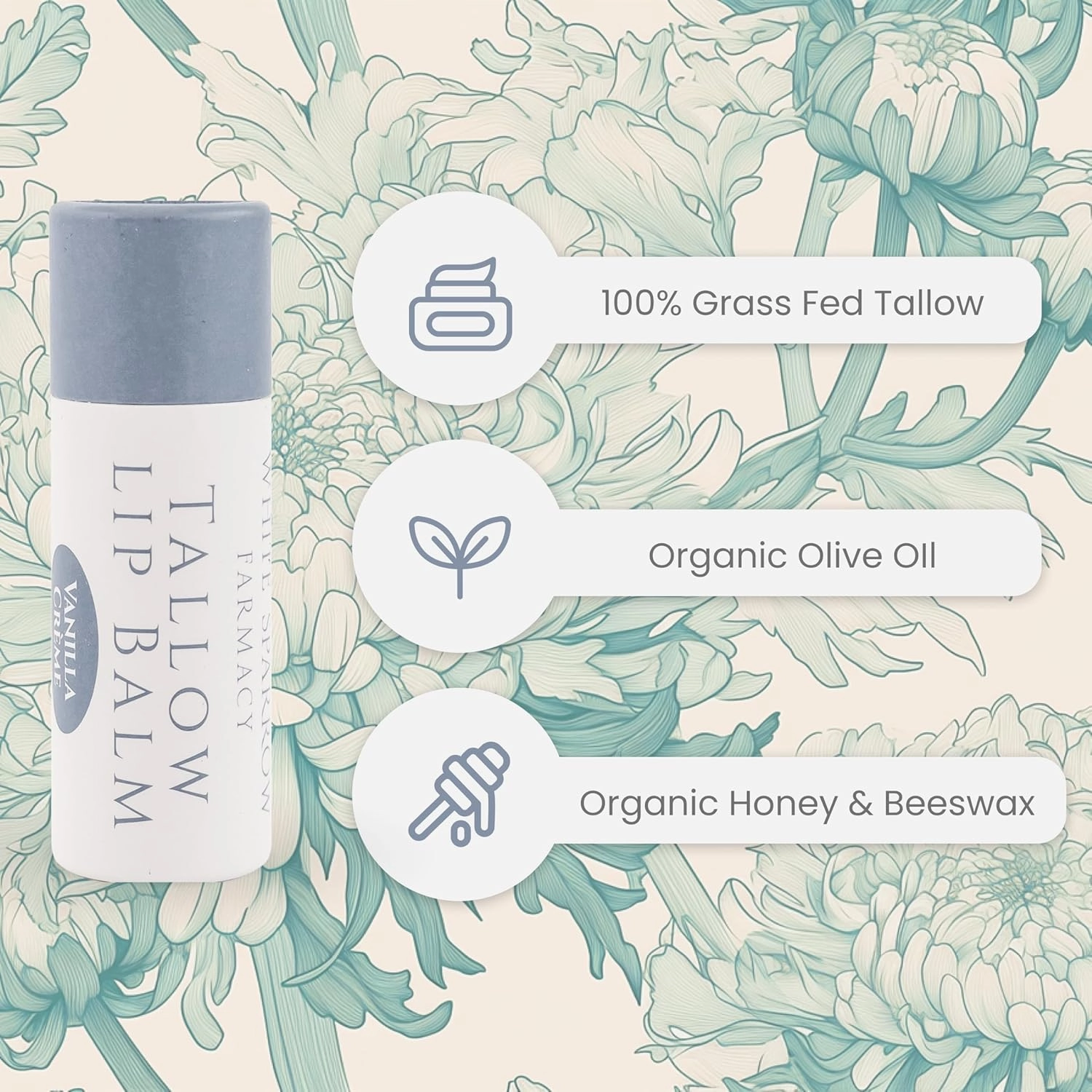 Organic Tallow Lip Balm (Vanilla Crème) from Grass Fed Cows. Super hydrating with Tallow, Olive Oil, Honey, and Beeswax. Sustainable Cardboard Tubes & Hand Filled. Jumbo Size 0.5 oz.