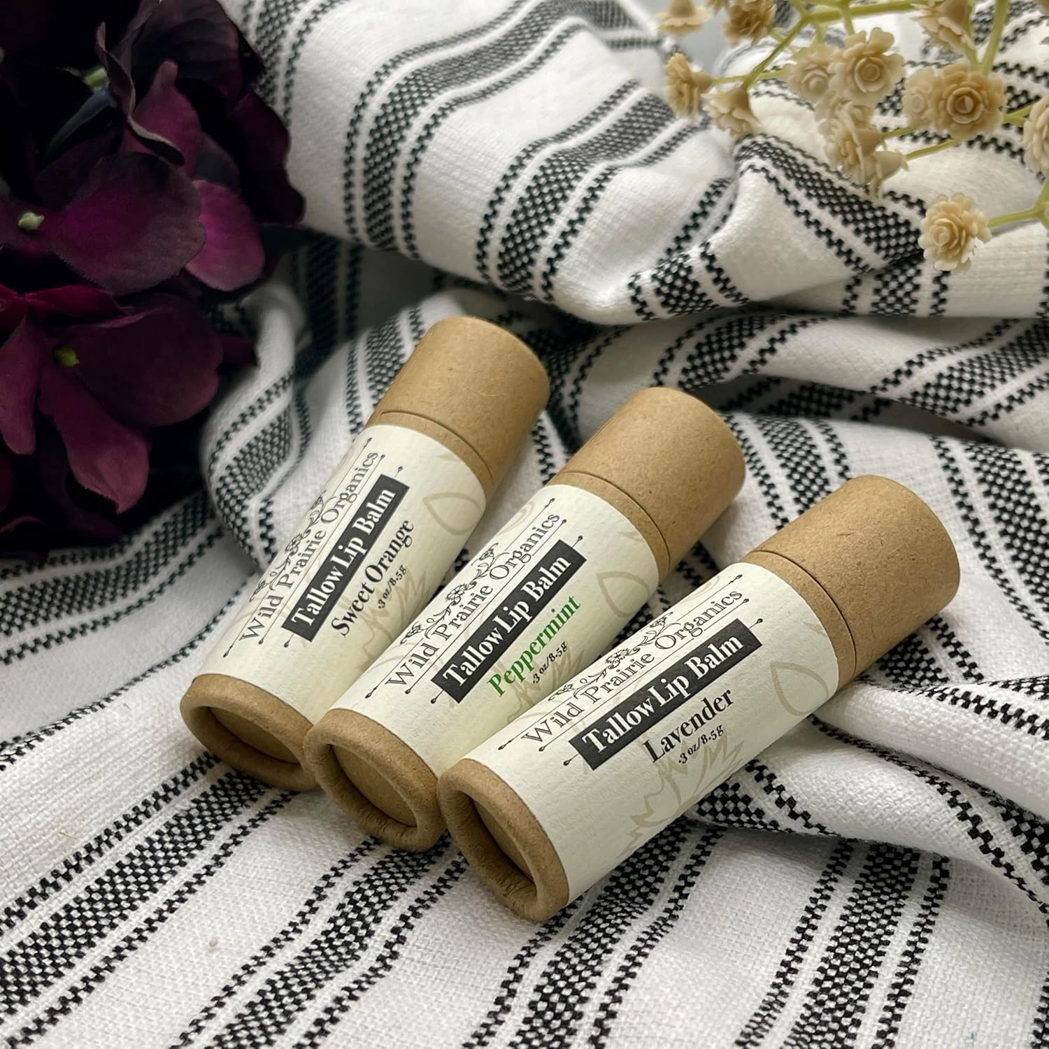 Organic Tallow Solid Lip Balm Moisturizer - Natural and Clean Lip Care that’s Hydrating and Soothing - Large .3 Fluid Ounce Recyclable Cardboard Tube - Untinted (Variety Pack Of Three)