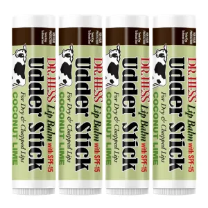 Original Udder Stick SPF Lip Balm, Soothing Moisturizer Sun Screen Balm for Dry Lips with Jojoba, Beeswax & Shea Butter, Total Lip Care, Hydration & Repair, Coconut-Lime Flavor, 4 Pack