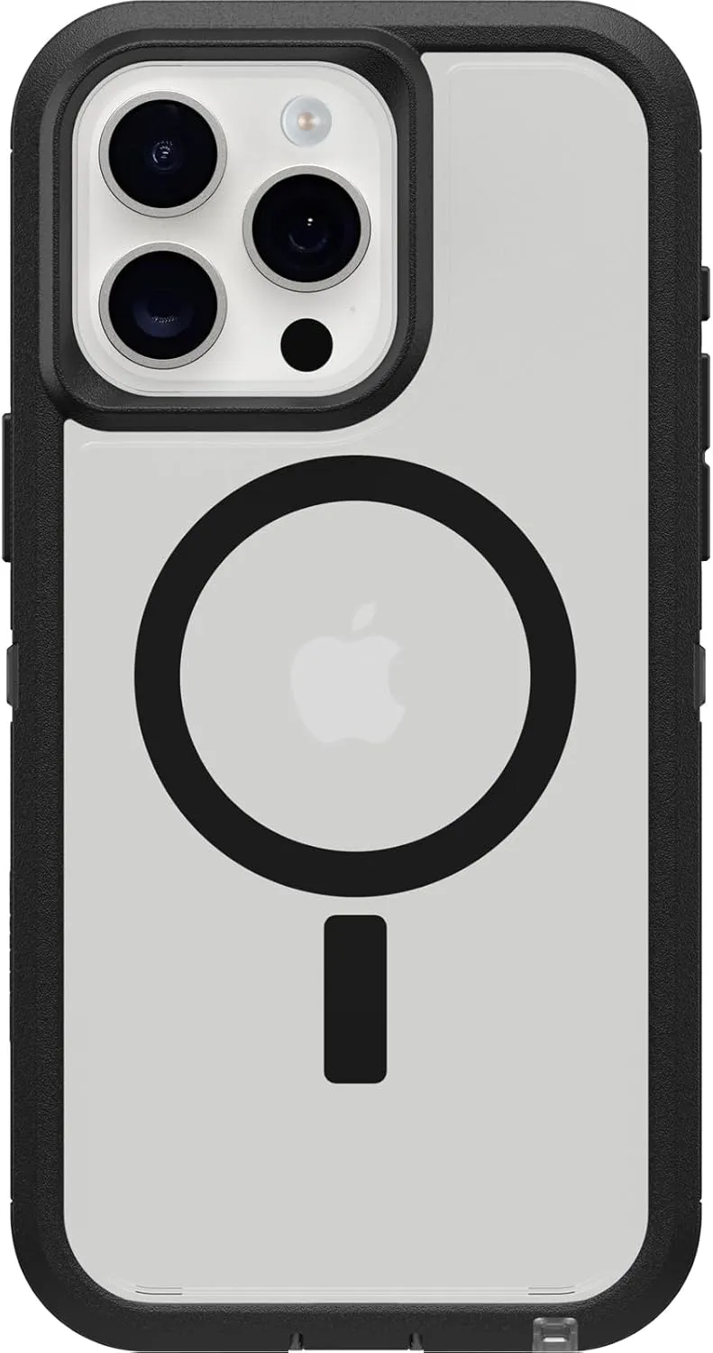 OtterBox iPhone 15 Pro MAX (Only) Defender Series XT Clear Case - Dark Side (Black/Clear), screenless, Rugged, Snaps to MagSafe, Lanyard Attachment