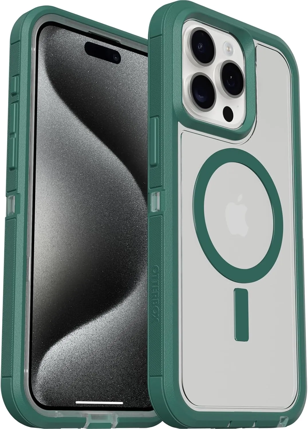 OtterBox iPhone 15 Pro MAX (Only) Defender Series XT Clear Case - Velvet Evergreen (Clear), screenless, Rugged, Snaps to MagSafe, Lanyard Attachment