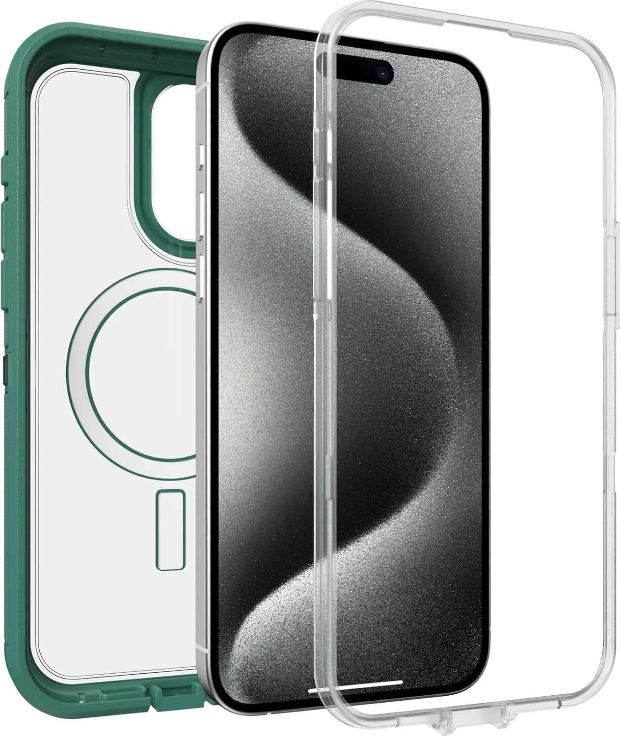 OtterBox iPhone 15 Pro MAX (Only) Defender Series XT Clear Case - Velvet Evergreen (Clear), screenless, Rugged, Snaps to MagSafe, Lanyard Attachment