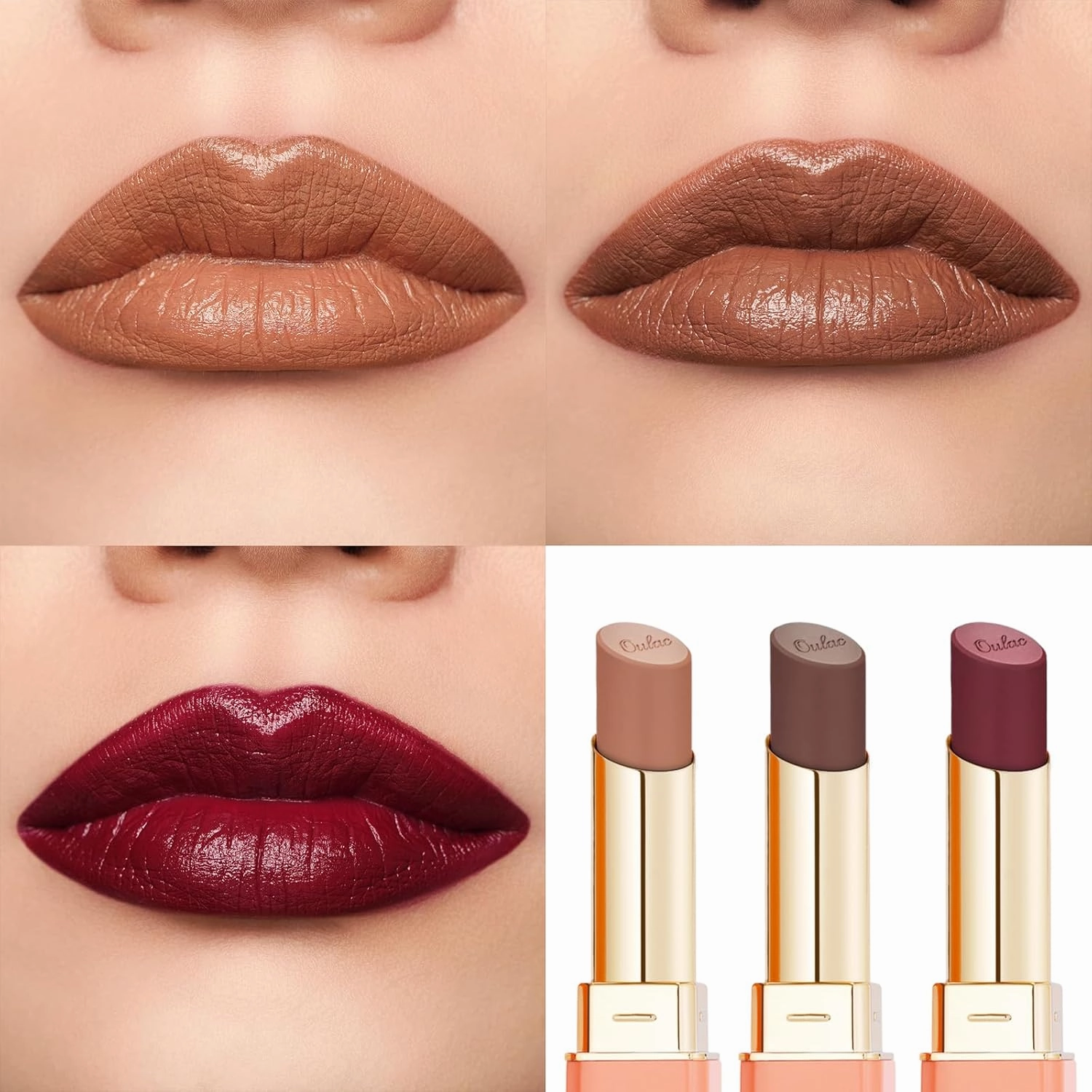 Oulac Color Rich Satin Lipstick Set For Women Nude Brown Lipsticks High Impact Lipcolor Tinted Lip Balm, Nourishing, Satin Finish, Moisturizing Creamy Formula, Vegan Gluten Free (10 12 13)