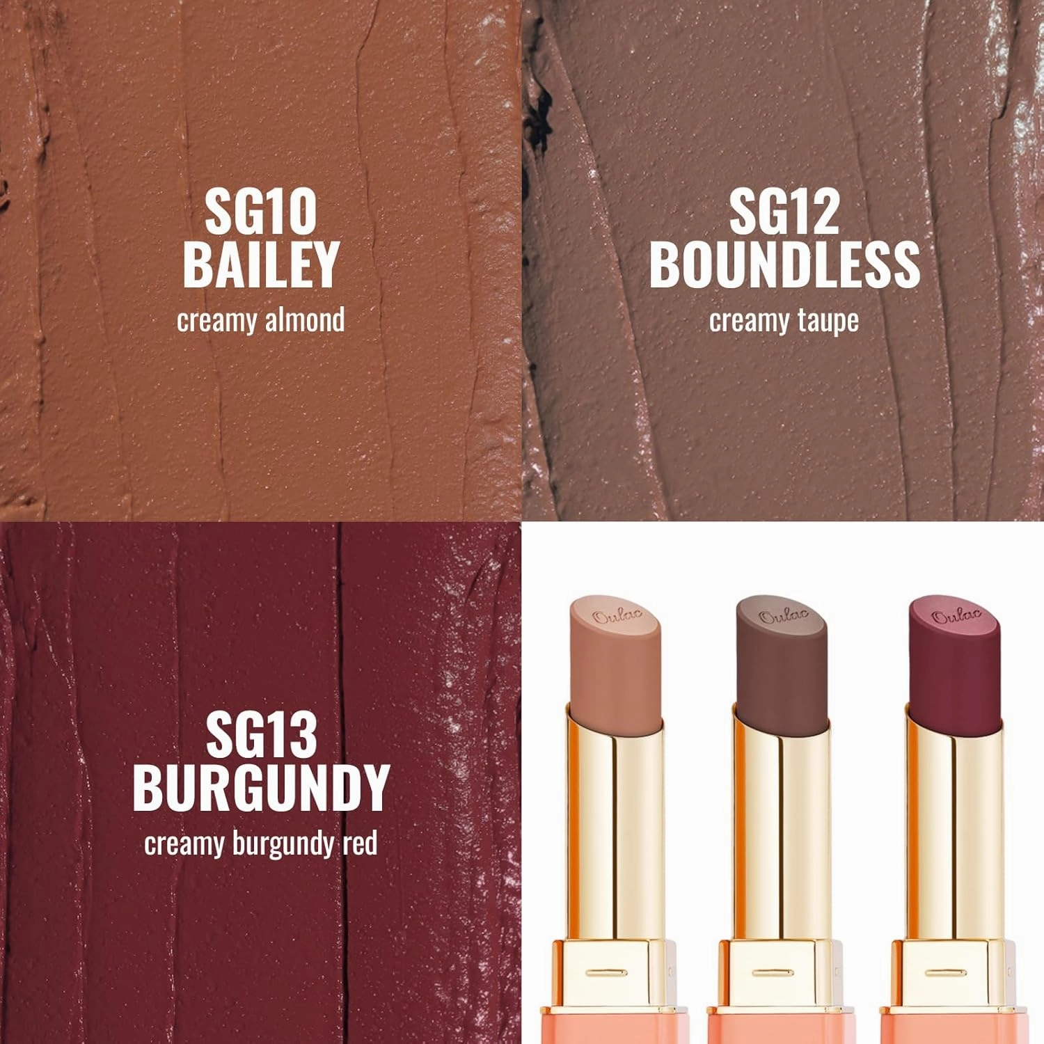Oulac Color Rich Satin Lipstick Set For Women Nude Brown Lipsticks High Impact Lipcolor Tinted Lip Balm, Nourishing, Satin Finish, Moisturizing Creamy Formula, Vegan Gluten Free (10 12 13)