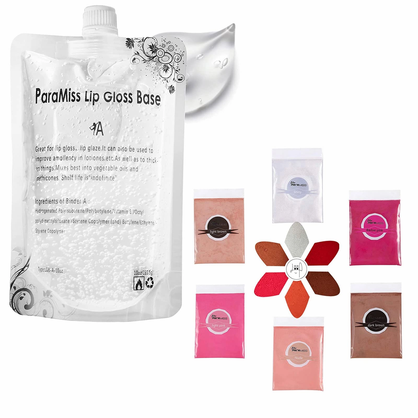PARAMISS Moisturize Lip Gloss Base(10 Ounce) Clear Lip Gloss& Lip Gloss Pigment Powder 5 Colors x10G and White Metallic Shimmer Pearl Glitter Natural Pigment for DIY Handmade Lip Balms Lip Gloss