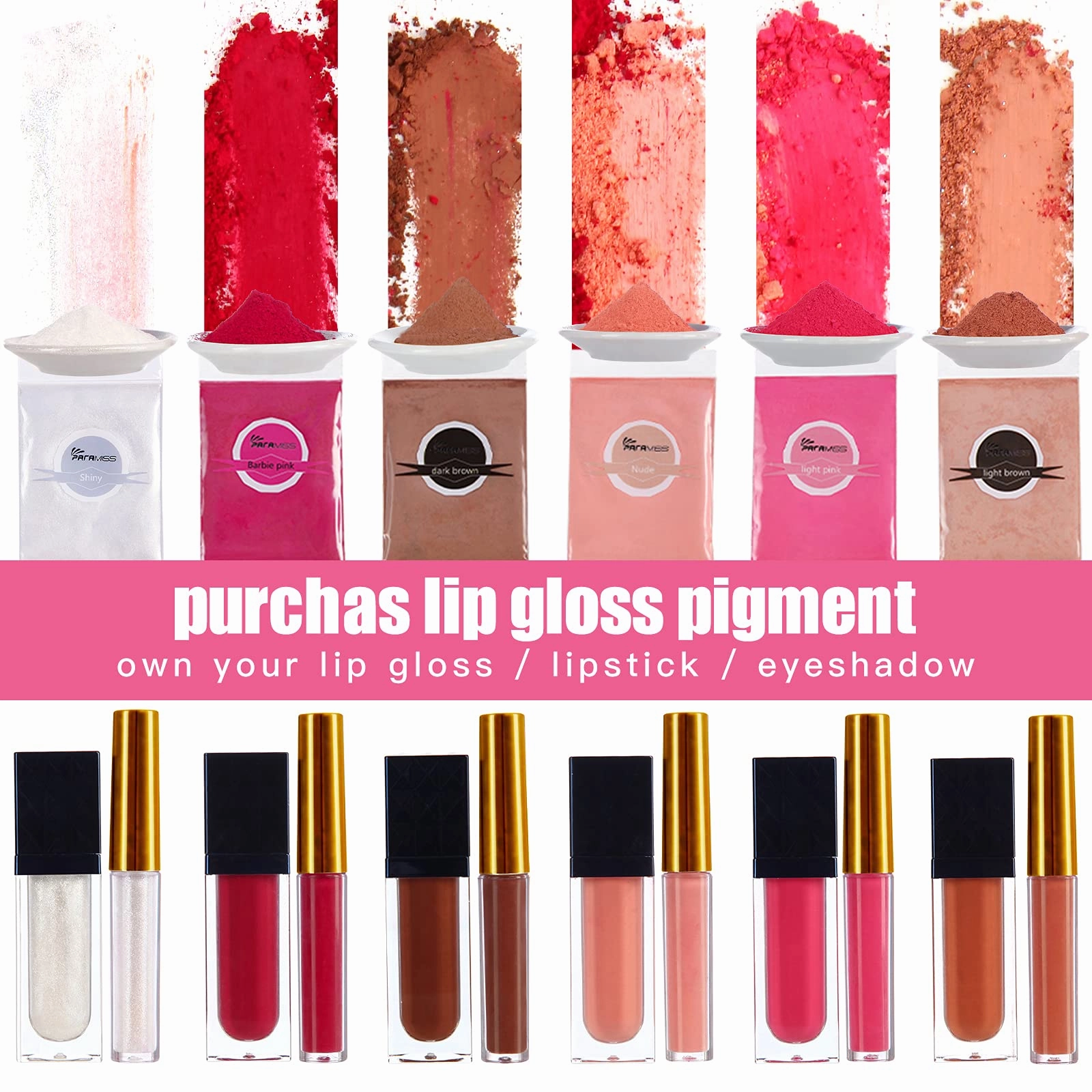 PARAMISS Moisturize Lip Gloss Base(10 Ounce) Clear Lip Gloss& Lip Gloss Pigment Powder 5 Colors x10G and White Metallic Shimmer Pearl Glitter Natural Pigment for DIY Handmade Lip Balms Lip Gloss