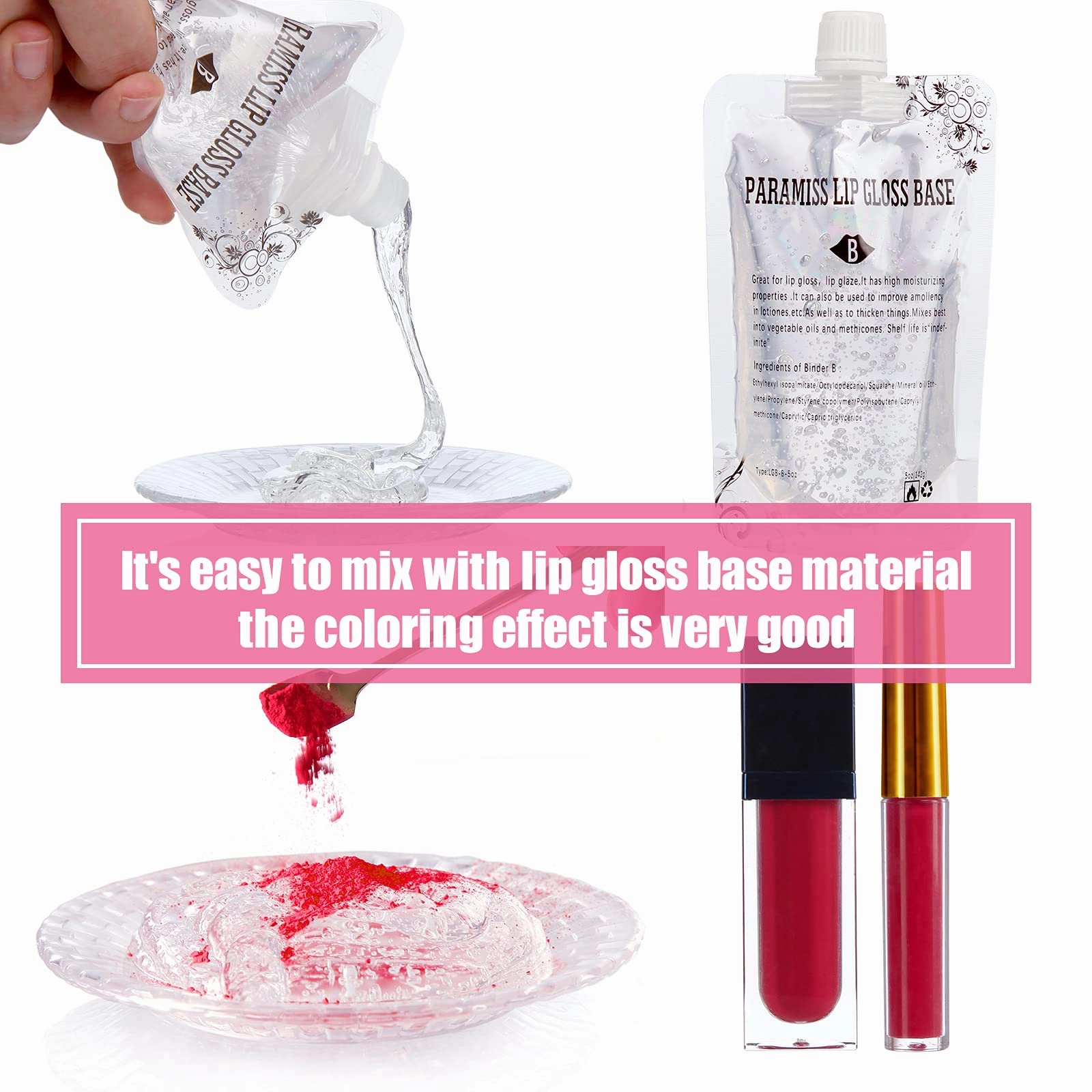 PARAMISS Moisturize Lip Gloss Base(10 Ounce) Clear Lip Gloss& Lip Gloss Pigment Powder 5 Colors x10G and White Metallic Shimmer Pearl Glitter Natural Pigment for DIY Handmade Lip Balms Lip Gloss