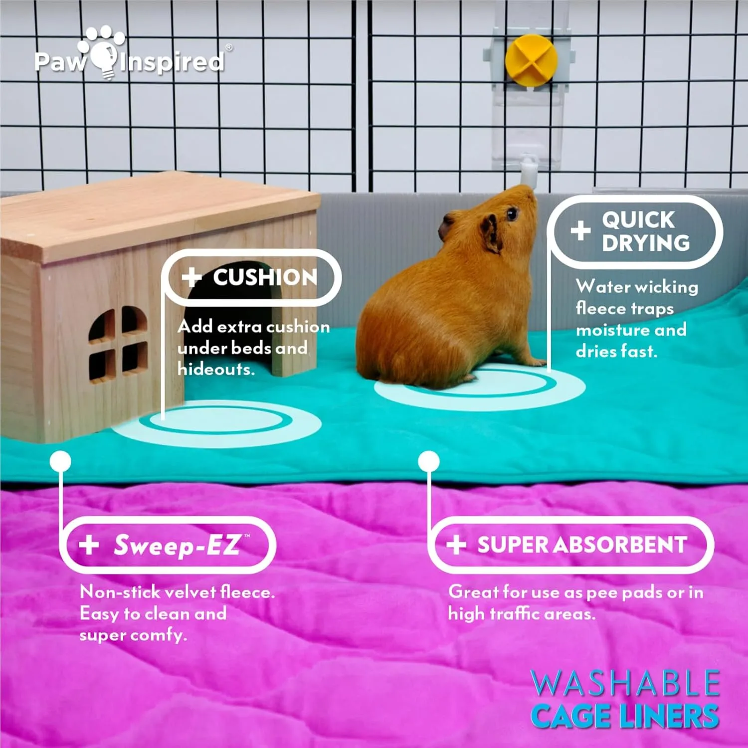 Paw Inspired Guinea Pig Cage Liners | Washable Fleece Bedding with Waterproof Bottom | Super Absorbent Pee Pad or Pet Bed Mat for Guinea Pigs, Ferrets, Rabbits, Hamsters, Small Animals (C&C 2x1, Gray)
