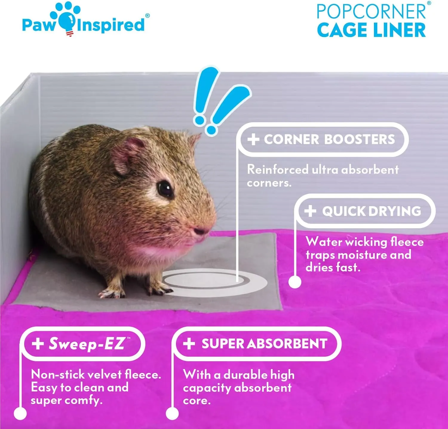 Paw Inspired PopCorner Guinea Pig Cage Liners | Washable Fleece Bedding or Pet Bed Mat for Small Animals | Super Absorbent Pee Pad with Reinforced Corners and Waterproof Bottom (Midwest, Blue)