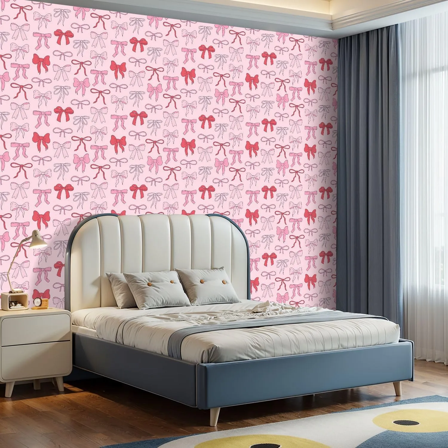 Peel and Stick Wallpaper Self Adhesive Wall Mural Seamless cute coquette bows Balletcore pink red ribbons Hand drawn Contact Paper Renter Friendly Wallpaper for Kitchen Nursery Bedroom 17.7"x118"
