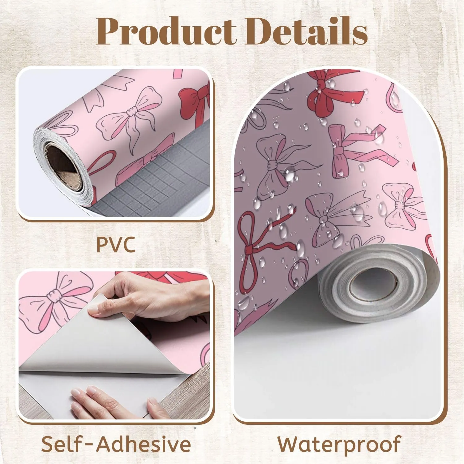 Peel and Stick Wallpaper Self Adhesive Wall Mural Seamless cute coquette bows Balletcore pink red ribbons Hand drawn Contact Paper Renter Friendly Wallpaper for Kitchen Nursery Bedroom 17.7"x118"