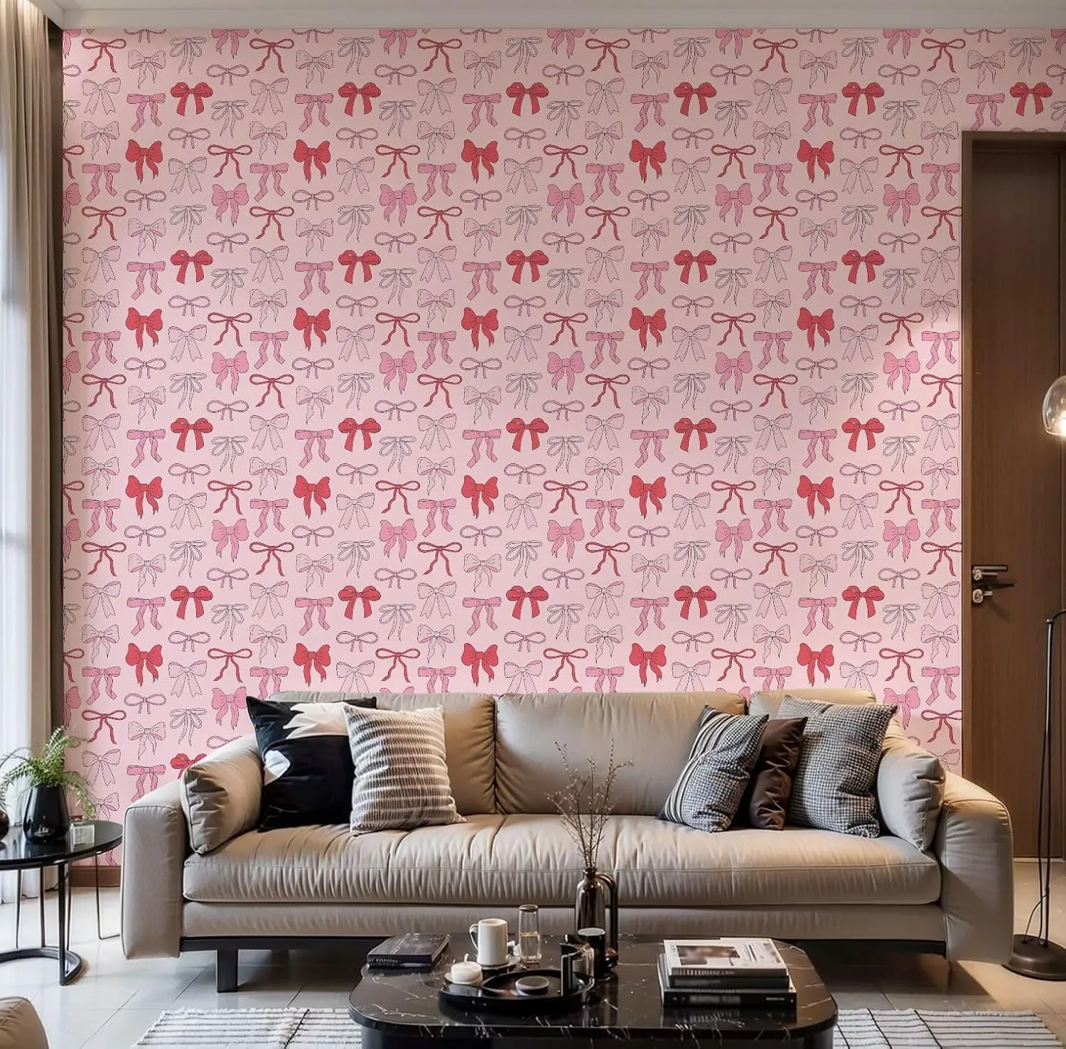 Peel and Stick Wallpaper Self Adhesive Wall Mural Seamless cute coquette bows Balletcore pink red ribbons Hand drawn Contact Paper Renter Friendly Wallpaper for Kitchen Nursery Bedroom 17.7"x118"
