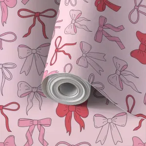 Peel and Stick Wallpaper Self Adhesive Wall Mural Seamless cute coquette bows Balletcore pink red ribbons Hand drawn Contact Paper Renter Friendly Wallpaper for Kitchen Nursery Bedroom 17.7"x118"