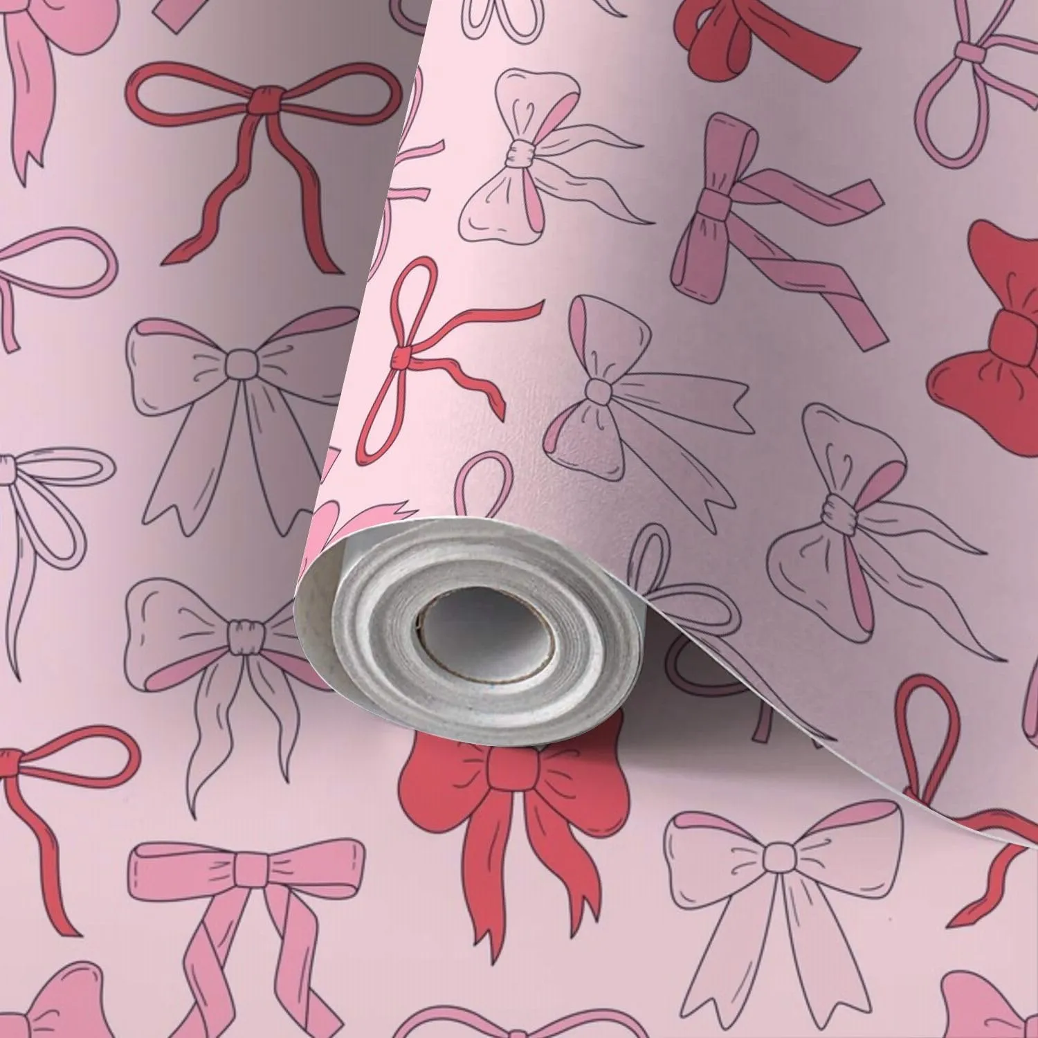 Peel and Stick Wallpaper Self Adhesive Wall Mural Seamless cute coquette bows Balletcore pink red ribbons Hand drawn Contact Paper Renter Friendly Wallpaper for Kitchen Nursery Bedroom 17.7"x118"