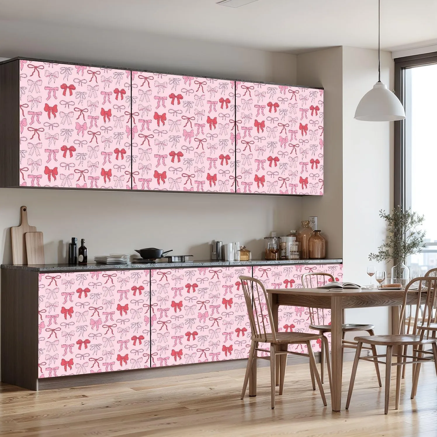Peel and Stick Wallpaper Self Adhesive Wall Mural Seamless cute coquette bows Balletcore pink red ribbons Hand drawn Contact Paper Renter Friendly Wallpaper for Kitchen Nursery Bedroom 17.7"x118"