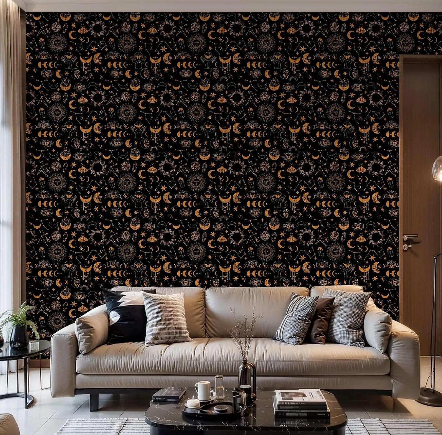 Peel and Stick Wallpaper Self Adhesive Wall Mural Seamless space pattern black Boho moon sun dragonflies stars Contact Paper Renter Friendly Wallpaper for Kitchen Nursery Bedroom 17.7"x118"