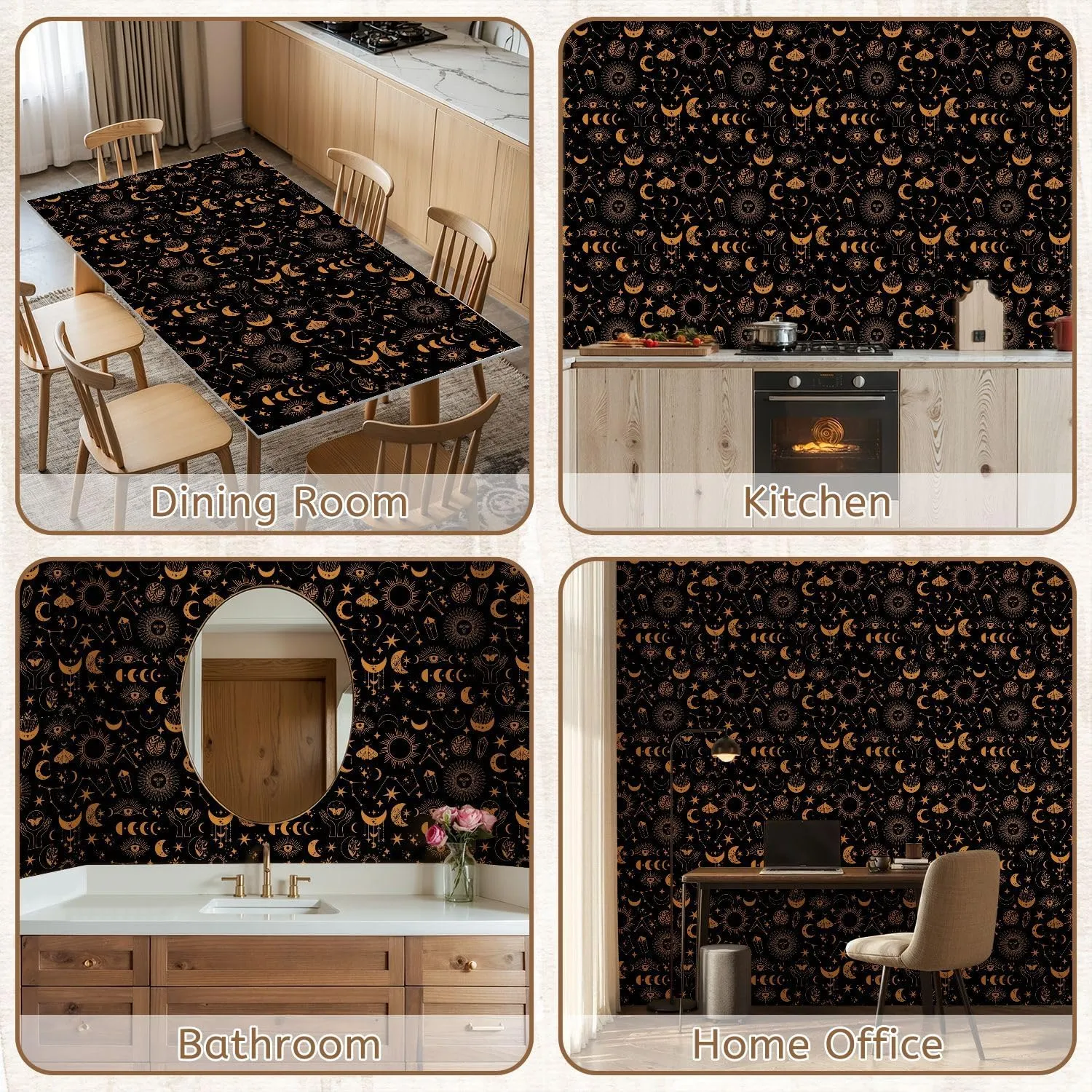 Peel and Stick Wallpaper Self Adhesive Wall Mural Seamless space pattern black Boho moon sun dragonflies stars Contact Paper Renter Friendly Wallpaper for Kitchen Nursery Bedroom 17.7"x118"