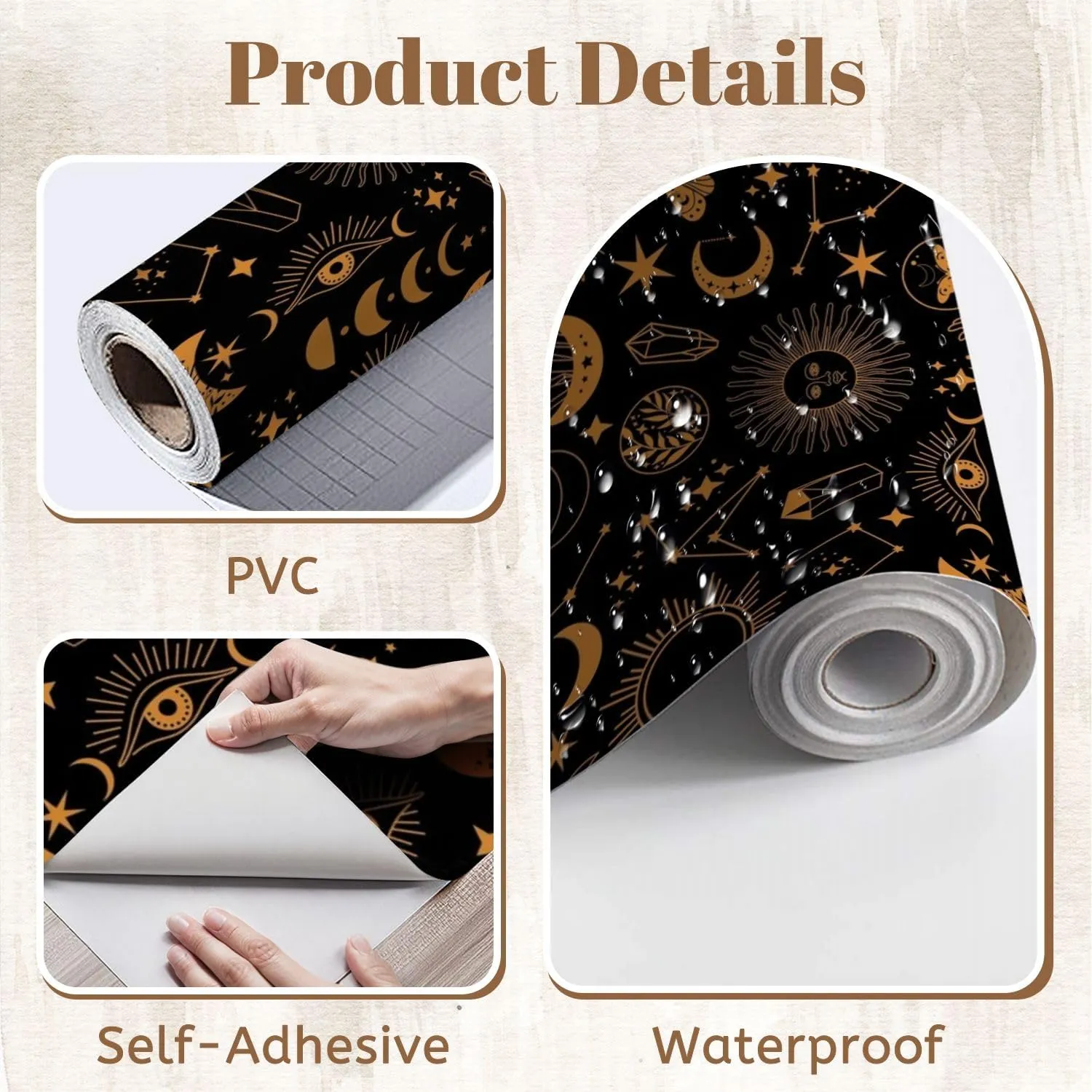 Peel and Stick Wallpaper Self Adhesive Wall Mural Seamless space pattern black Boho moon sun dragonflies stars Contact Paper Renter Friendly Wallpaper for Kitchen Nursery Bedroom 17.7"x118"