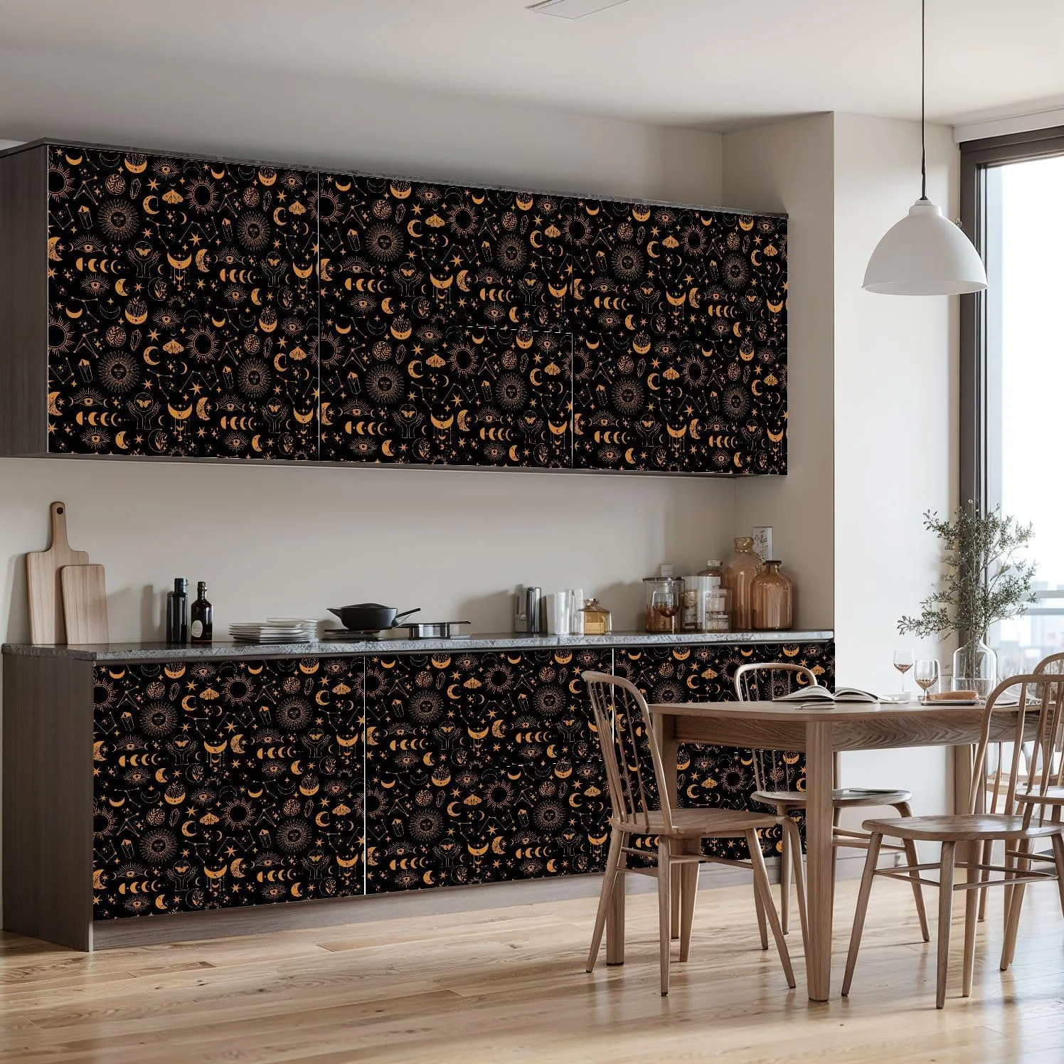 Peel and Stick Wallpaper Self Adhesive Wall Mural Seamless space pattern black Boho moon sun dragonflies stars Contact Paper Renter Friendly Wallpaper for Kitchen Nursery Bedroom 17.7"x118"