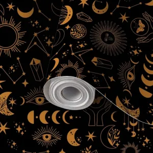 Peel and Stick Wallpaper Self Adhesive Wall Mural Seamless space pattern black Boho moon sun dragonflies stars Contact Paper Renter Friendly Wallpaper for Kitchen Nursery Bedroom 17.7"x118"