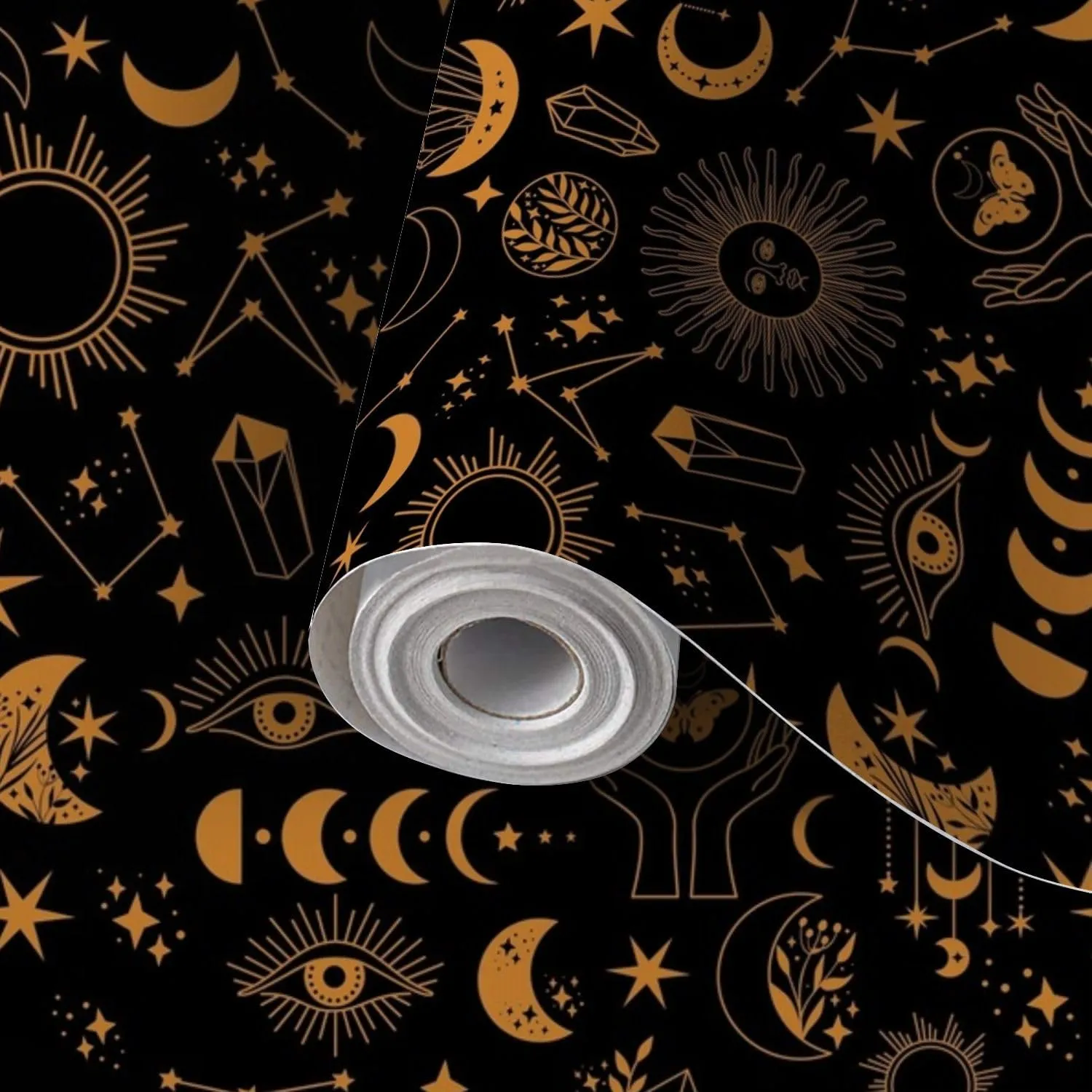 Peel and Stick Wallpaper Self Adhesive Wall Mural Seamless space pattern black Boho moon sun dragonflies stars Contact Paper Renter Friendly Wallpaper for Kitchen Nursery Bedroom 17.7"x118"