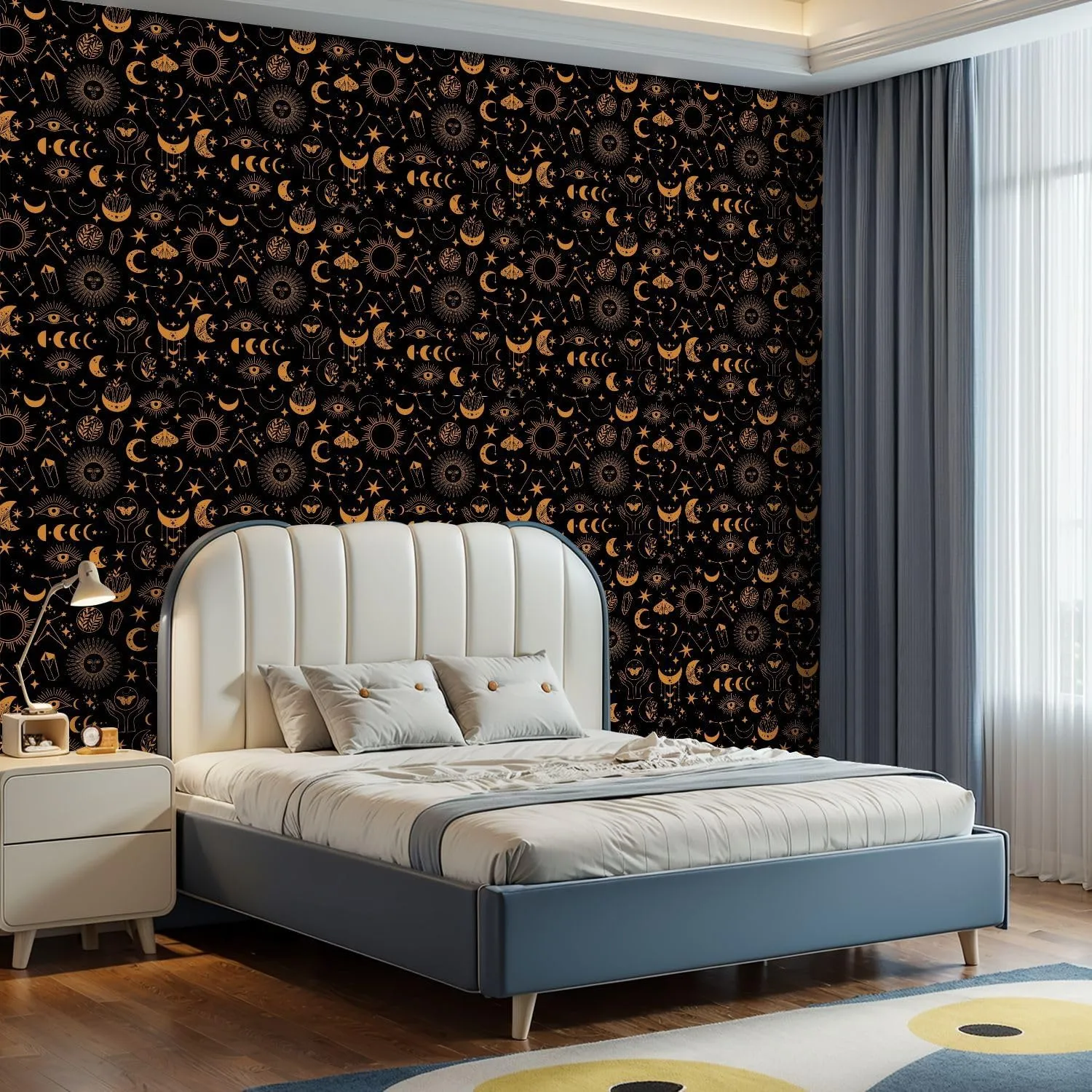 Peel and Stick Wallpaper Self Adhesive Wall Mural Seamless space pattern black Boho moon sun dragonflies stars Contact Paper Renter Friendly Wallpaper for Kitchen Nursery Bedroom 17.7"x118"