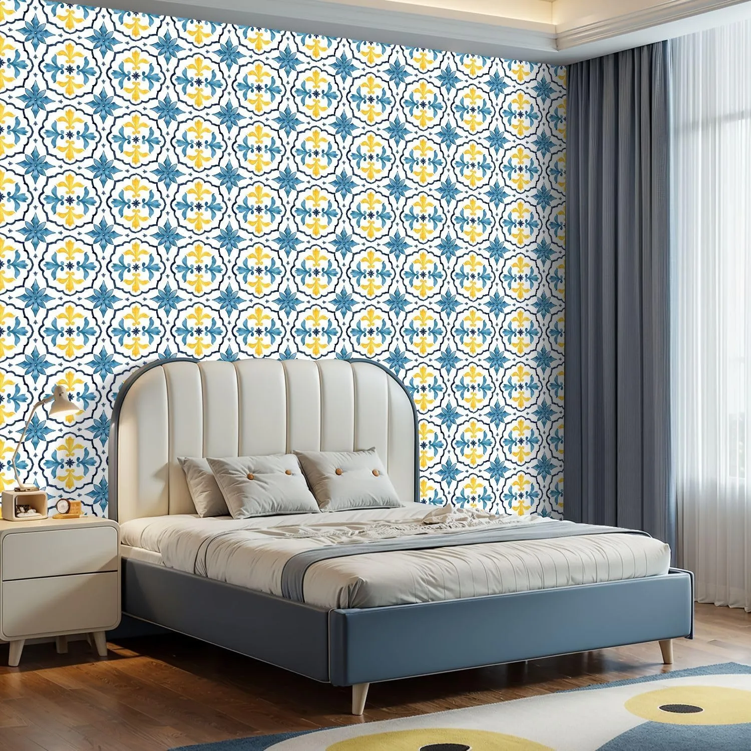 Peel and Stick Wallpaper Self Adhesive Wall Mural Watercolor seamless consisting yellow blue Mediterranean tiles Contact Paper Renter Friendly Wallpaper for Kitchen Nursery Bedroom 17.7"x118"